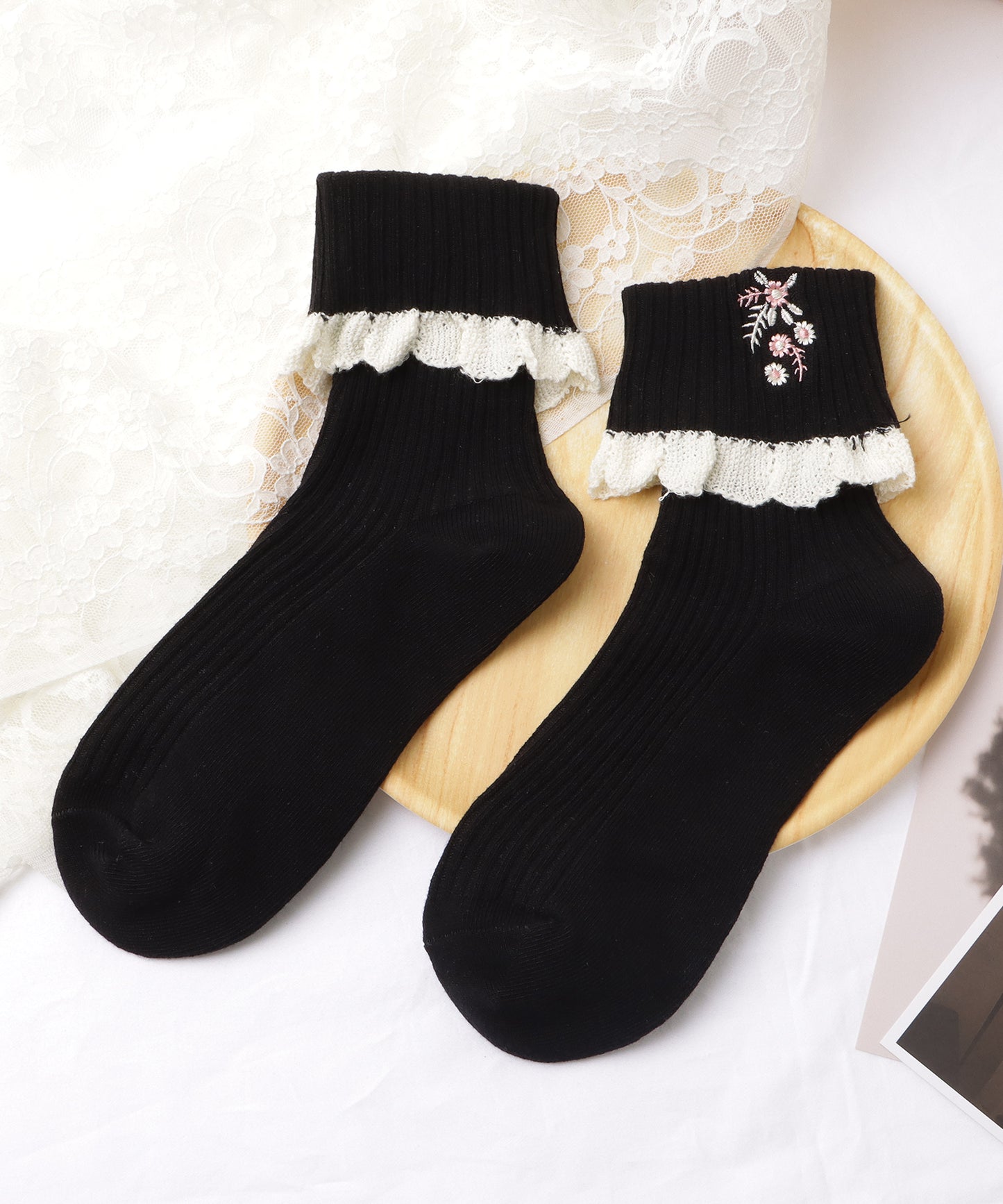 【5足セット】花柄刺繍配色フリルショートソックス