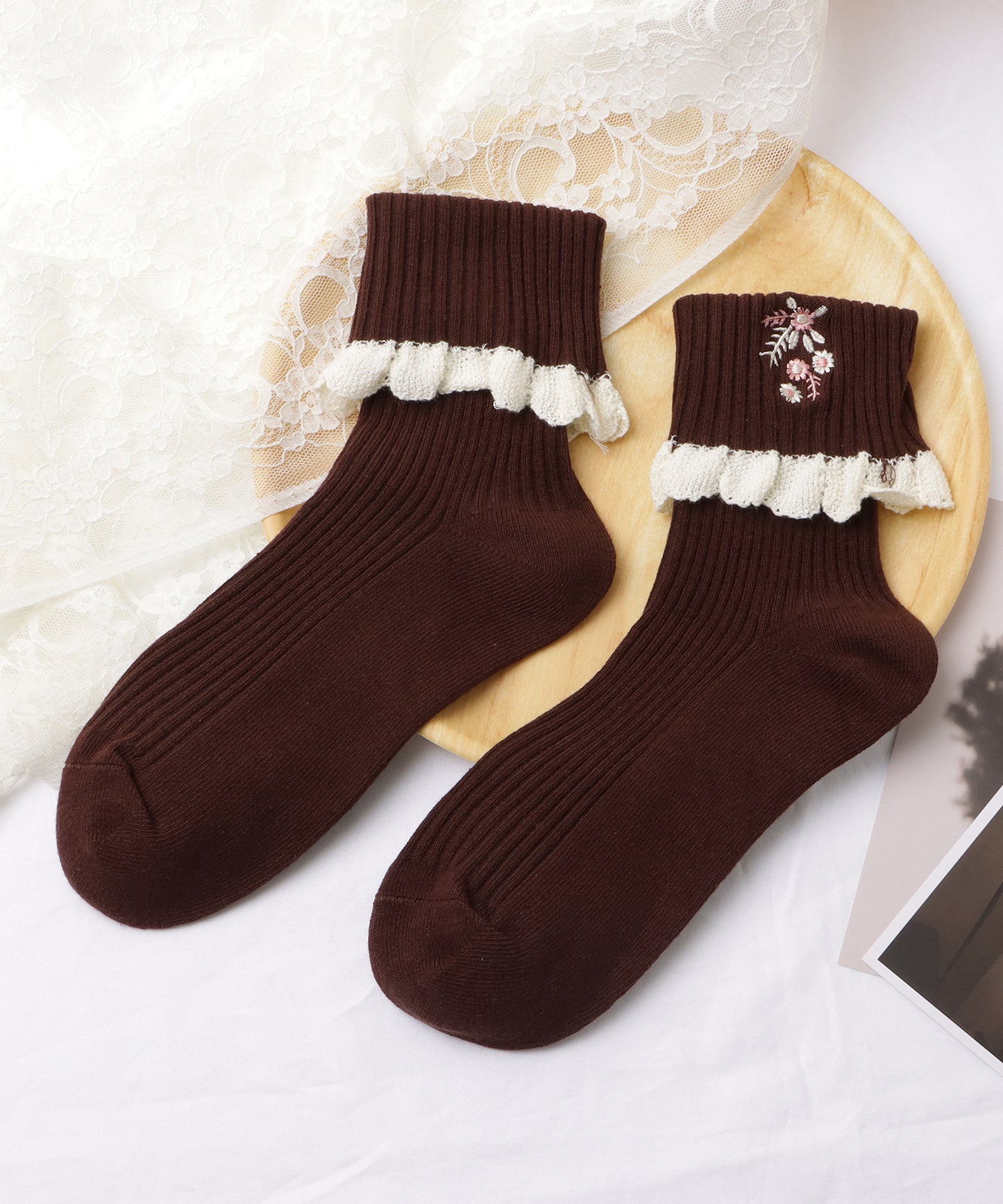 【5足セット】花柄刺繍配色フリルショートソックス