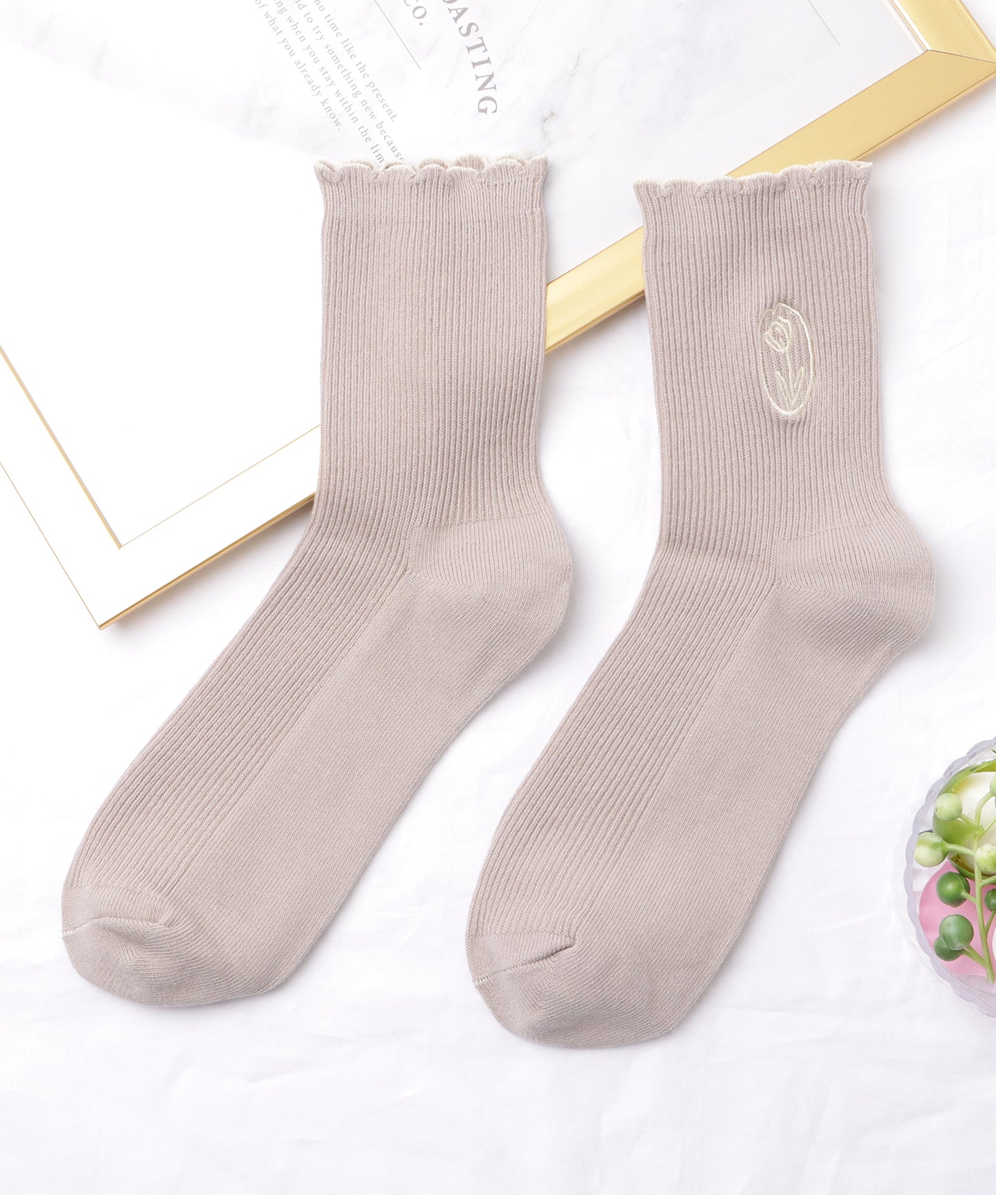 【5足セット】配色スカラップ刺繍付きリブソックス