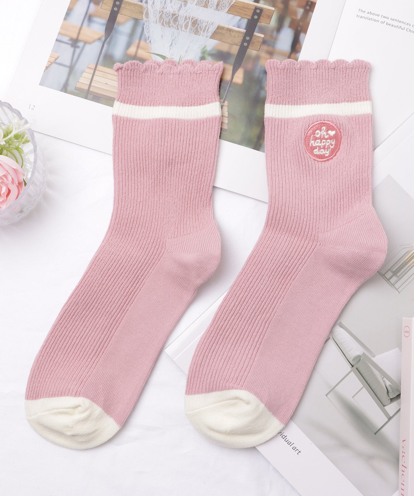 【6足セット】スカラップ配色ラインクルーソックス