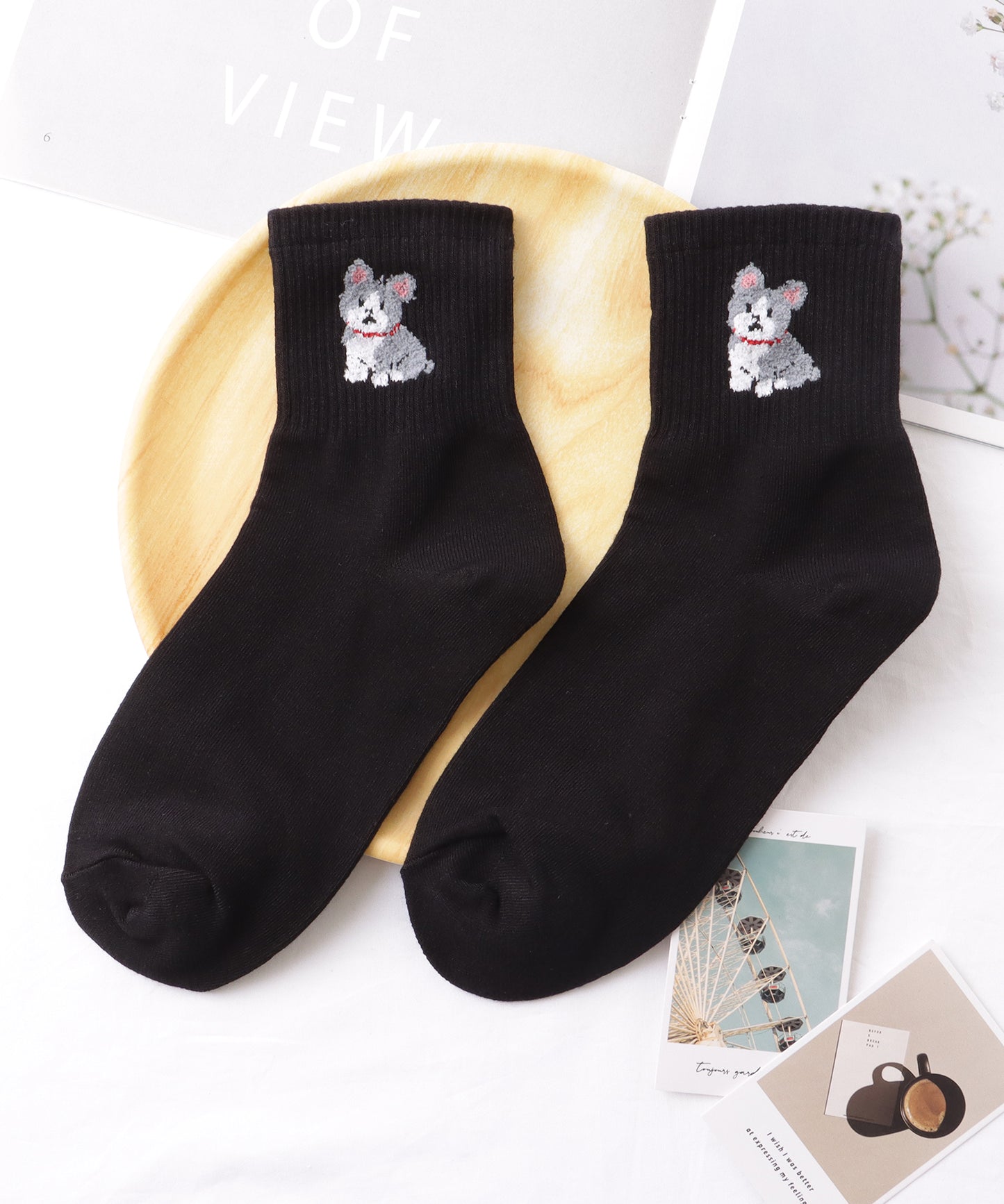 【3足セット】 ワンポイント ドッグ付き リブ クルー ソックス