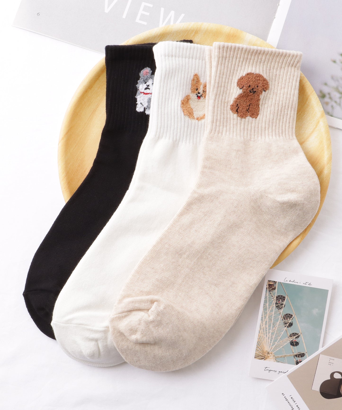【3足セット】 ワンポイント ドッグ付き リブ クルー ソックス