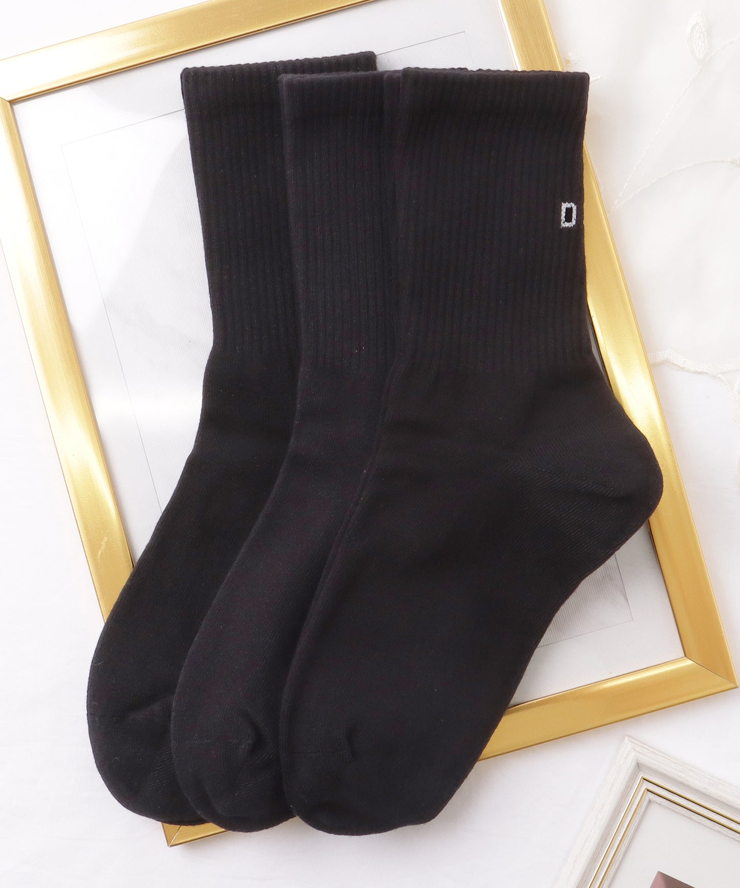 【3足セット】 ソリッドカラー バック ロゴ リブ クルー ソックス