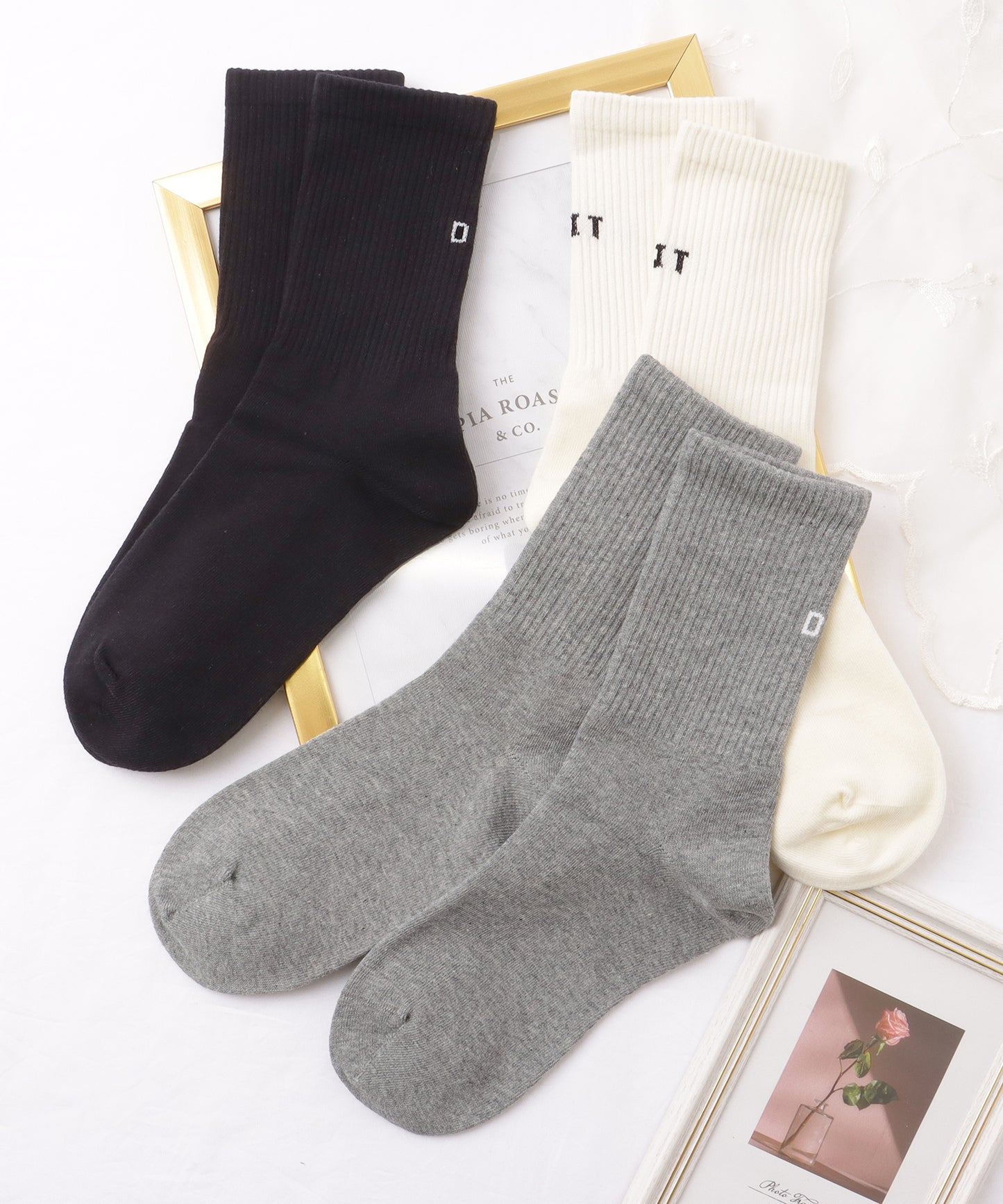 【3足セット】 ソリッドカラー バック ロゴ リブ クルー ソックス