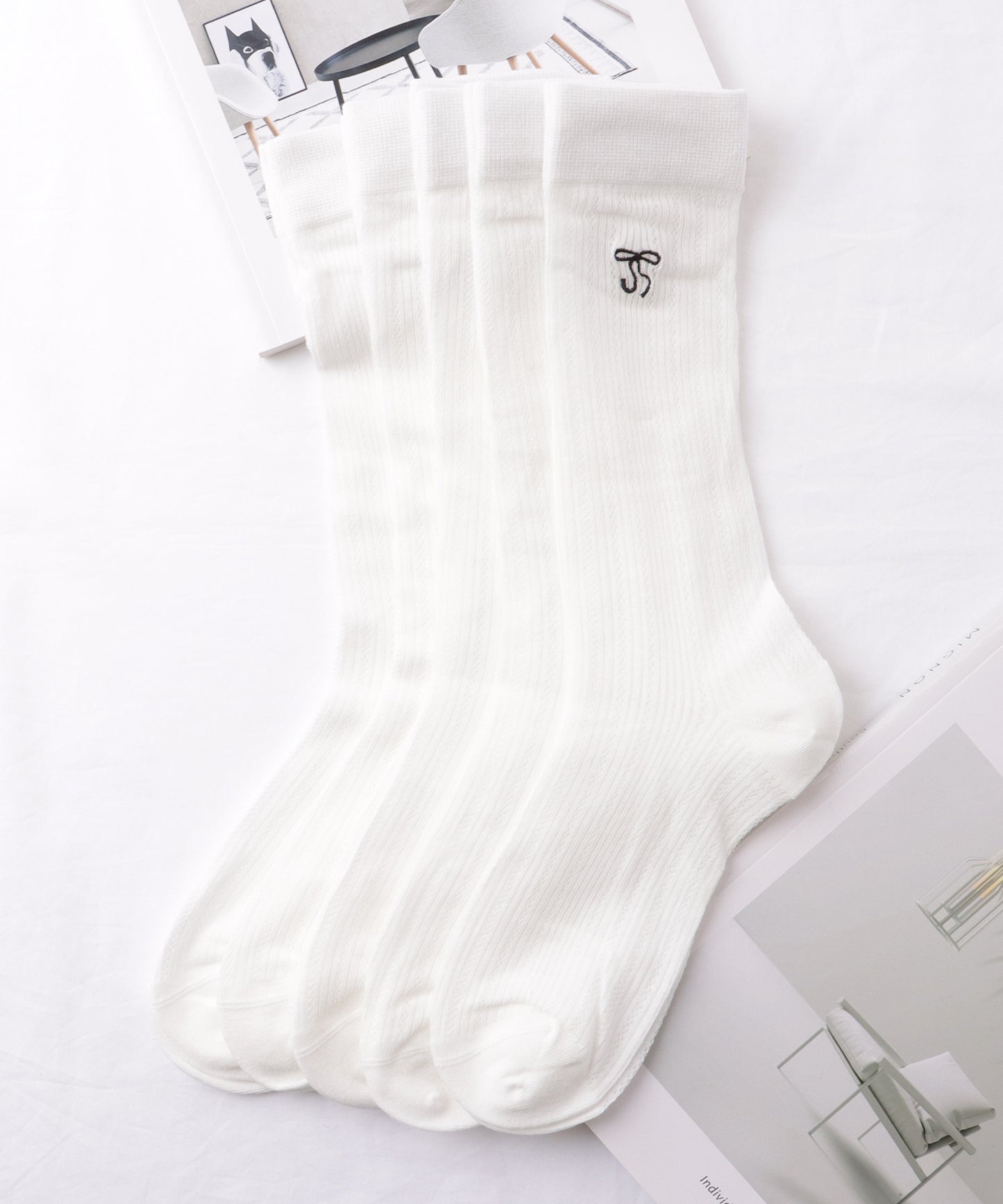【5足セット】 リボン 刺繍付き レース クルー丈 ソックス
