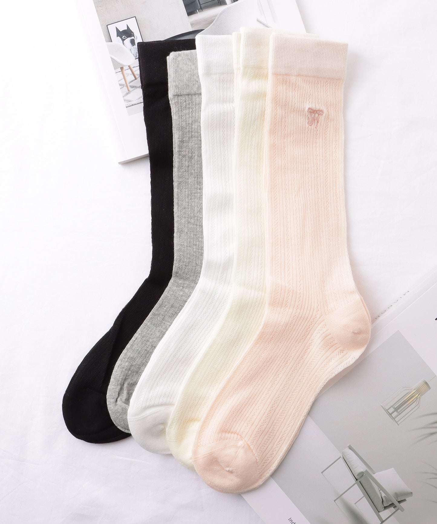 【5足セット】 リボン 刺繍付き レース クルー丈 ソックス