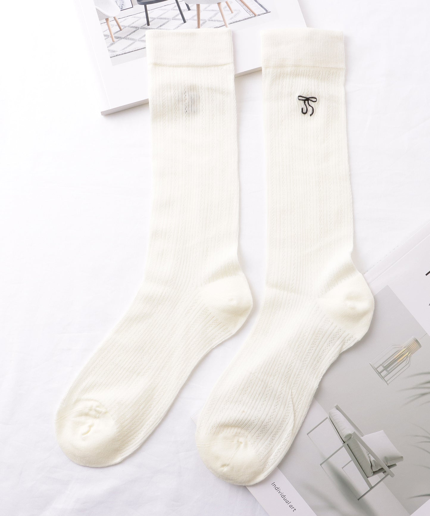 【5足セット】 リボン 刺繍付き レース クルー丈 ソックス