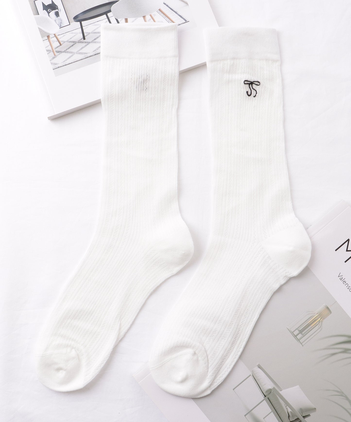 【5足セット】 リボン 刺繍付き レース クルー丈 ソックス