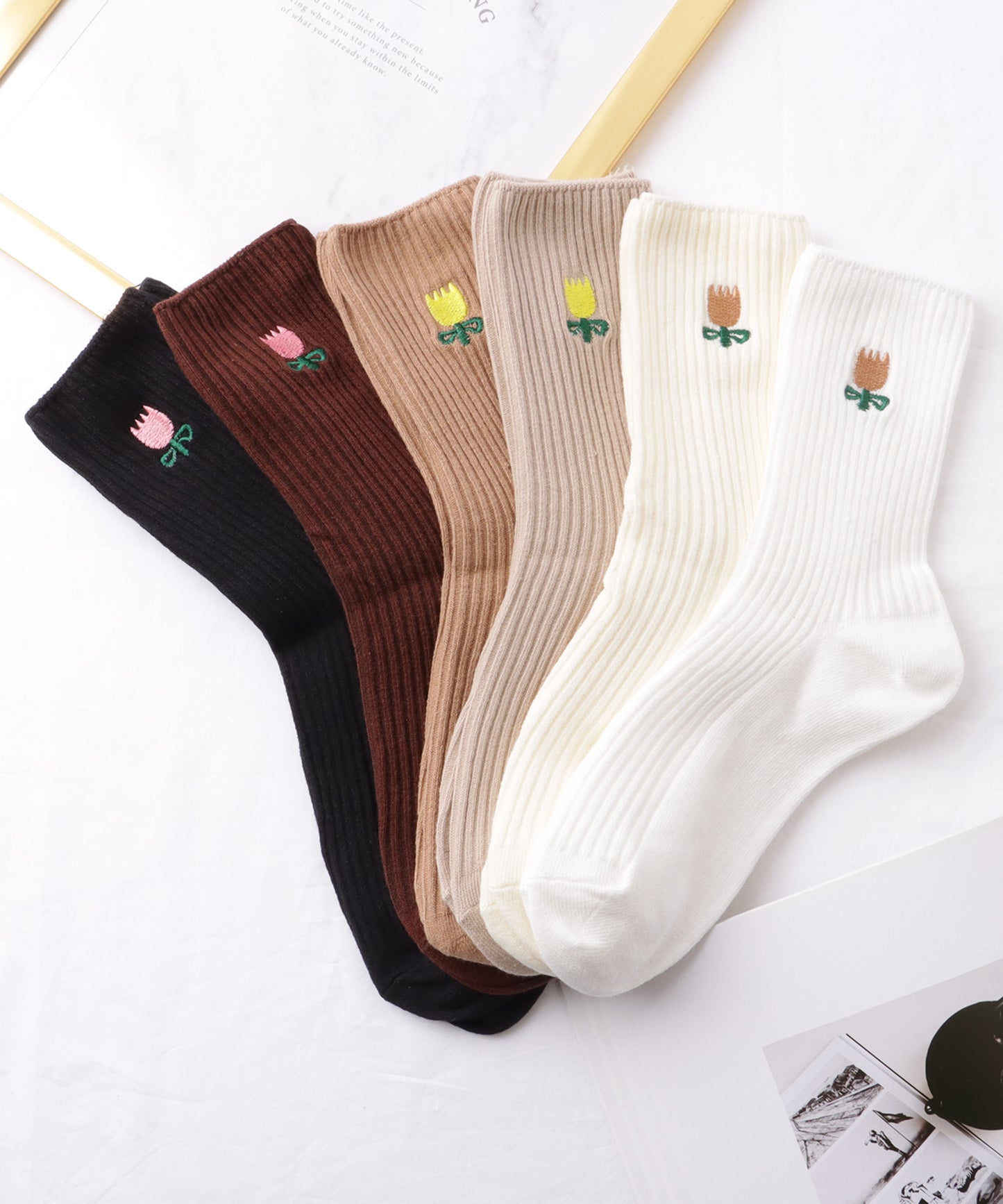 【6足セット】 選べる2タイプ チューリップ 刺繍 リブ クルー ソックス