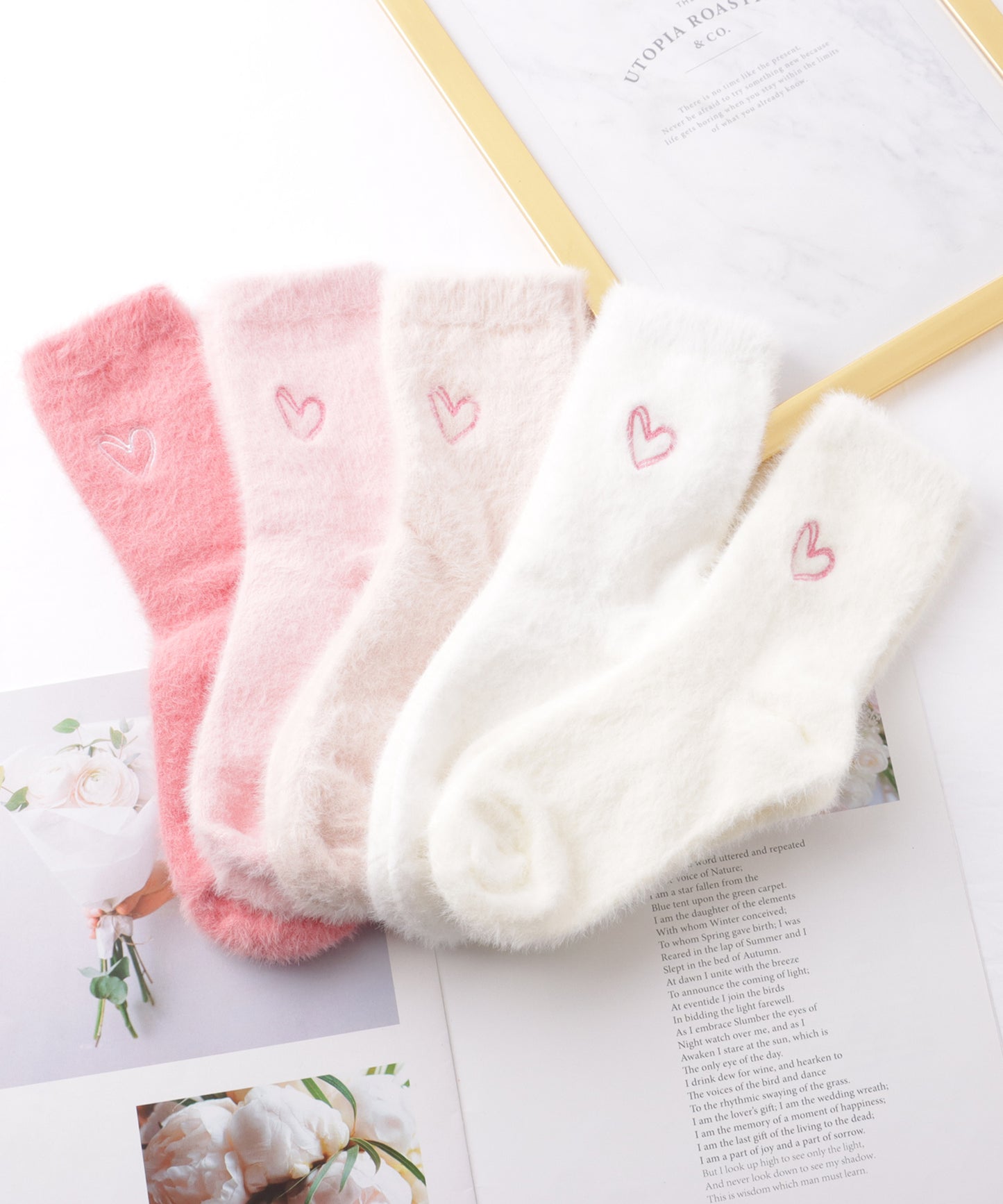 【5足セット】ハート 刺繍 シャギー ルーム ソックス