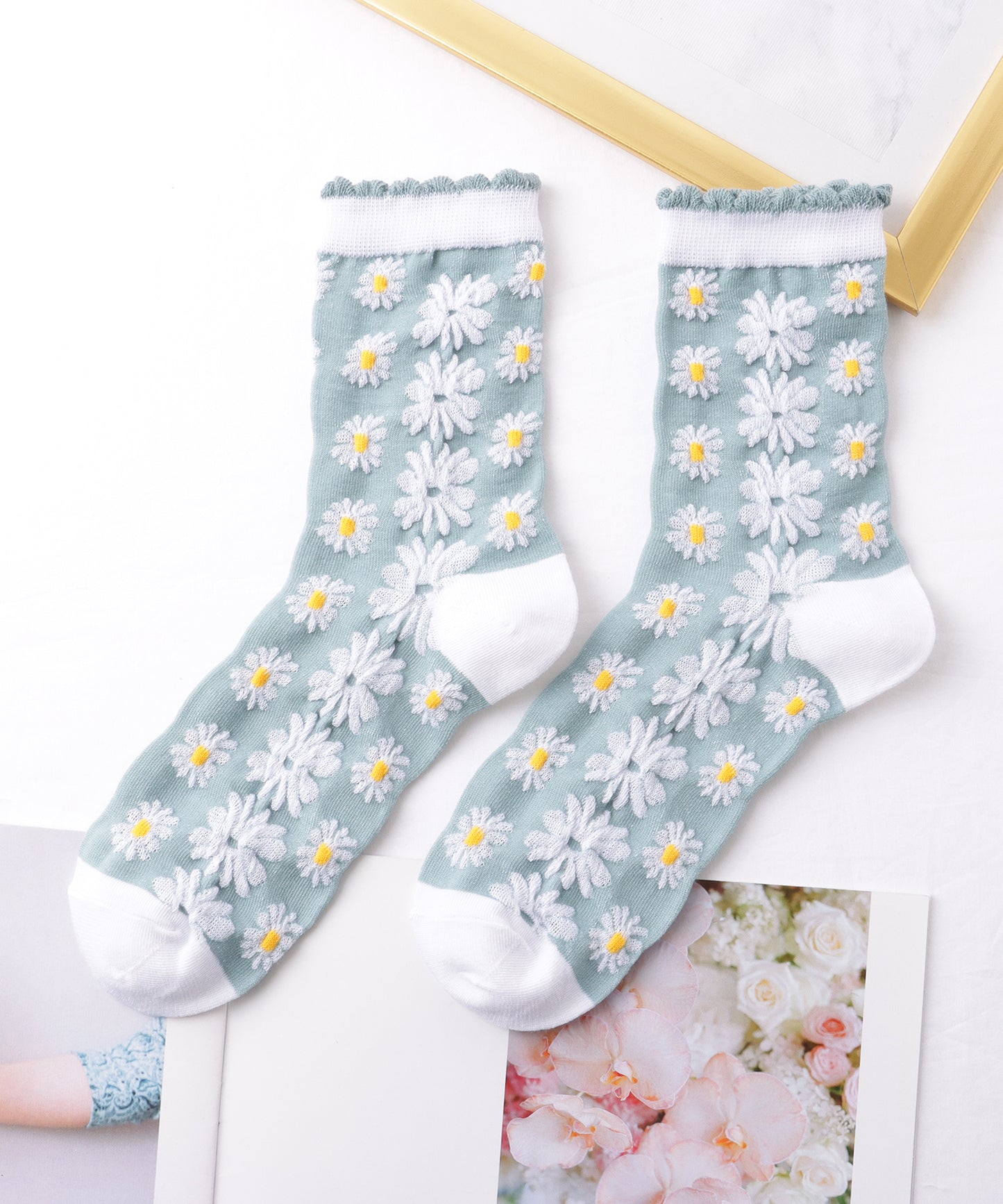 【10足セット】 立体 花柄 レリーフ クルー丈 ソックス