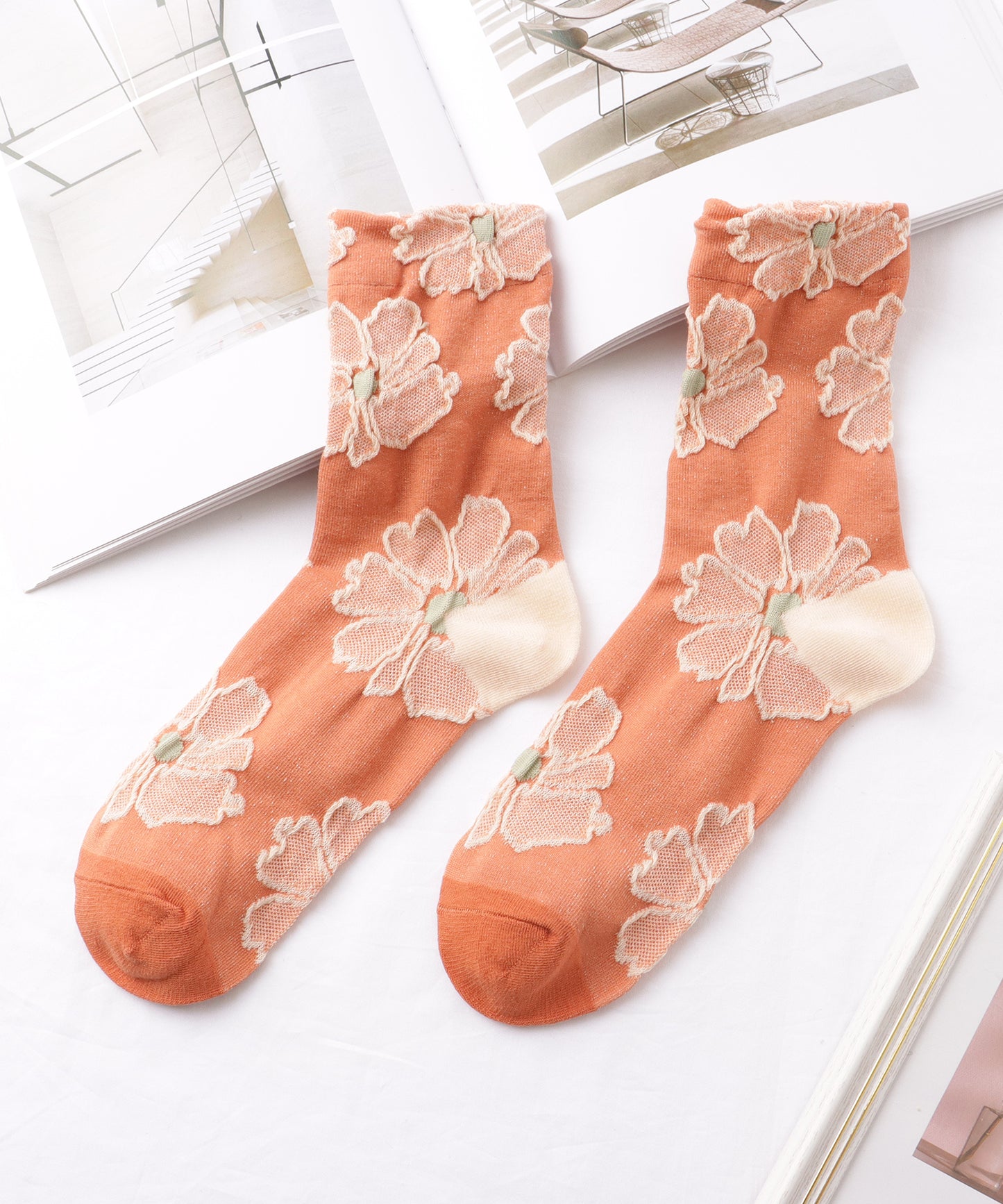 【10足セット】 レトロ 立体 フラワー レリーフ クルー丈 ソックス
