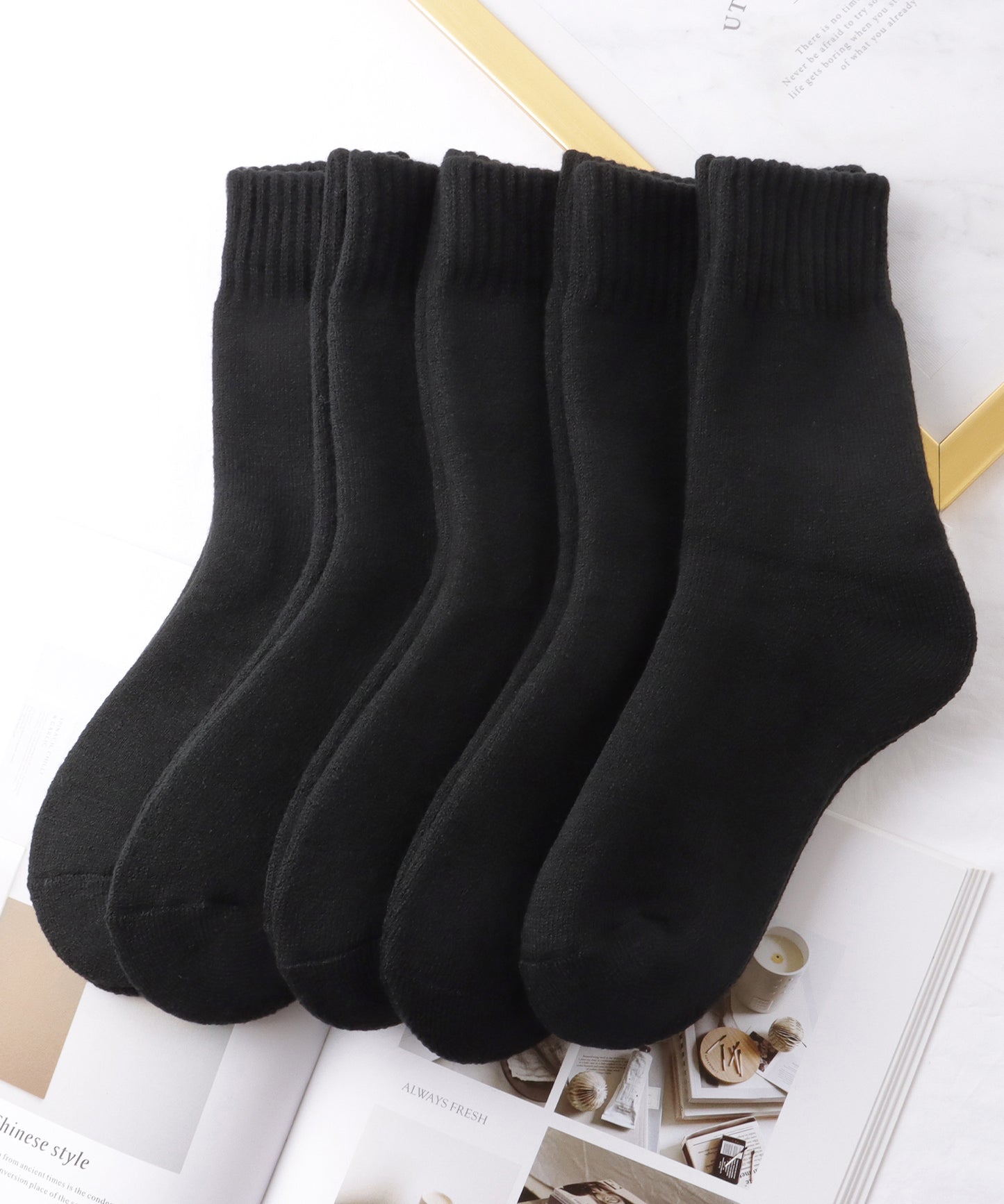【5足セット】 ソリッドカラー 裏起毛 ショート リブ ソックス