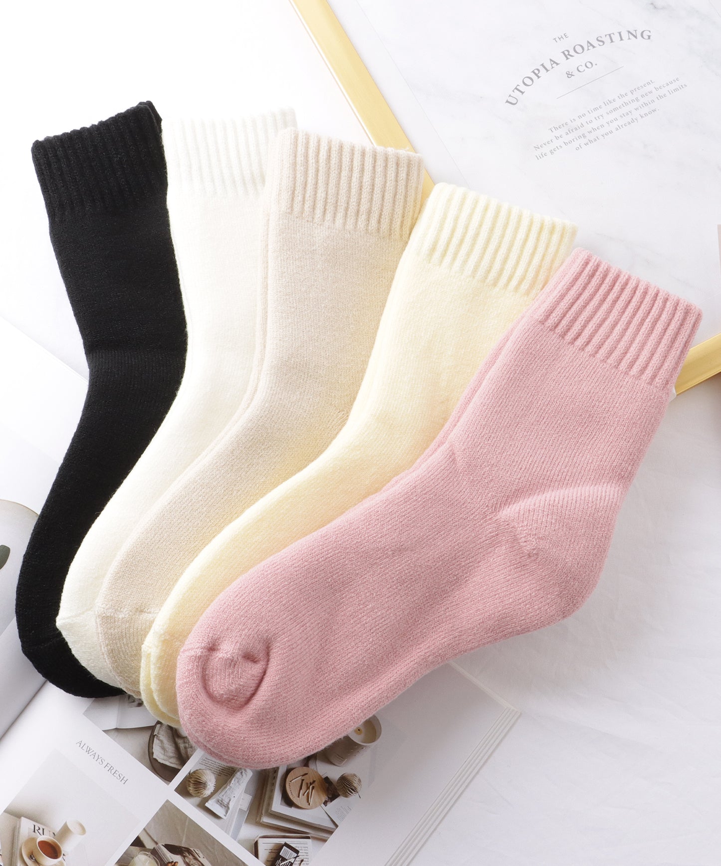 【5足セット】 ソリッドカラー 裏起毛 ショート リブ ソックス