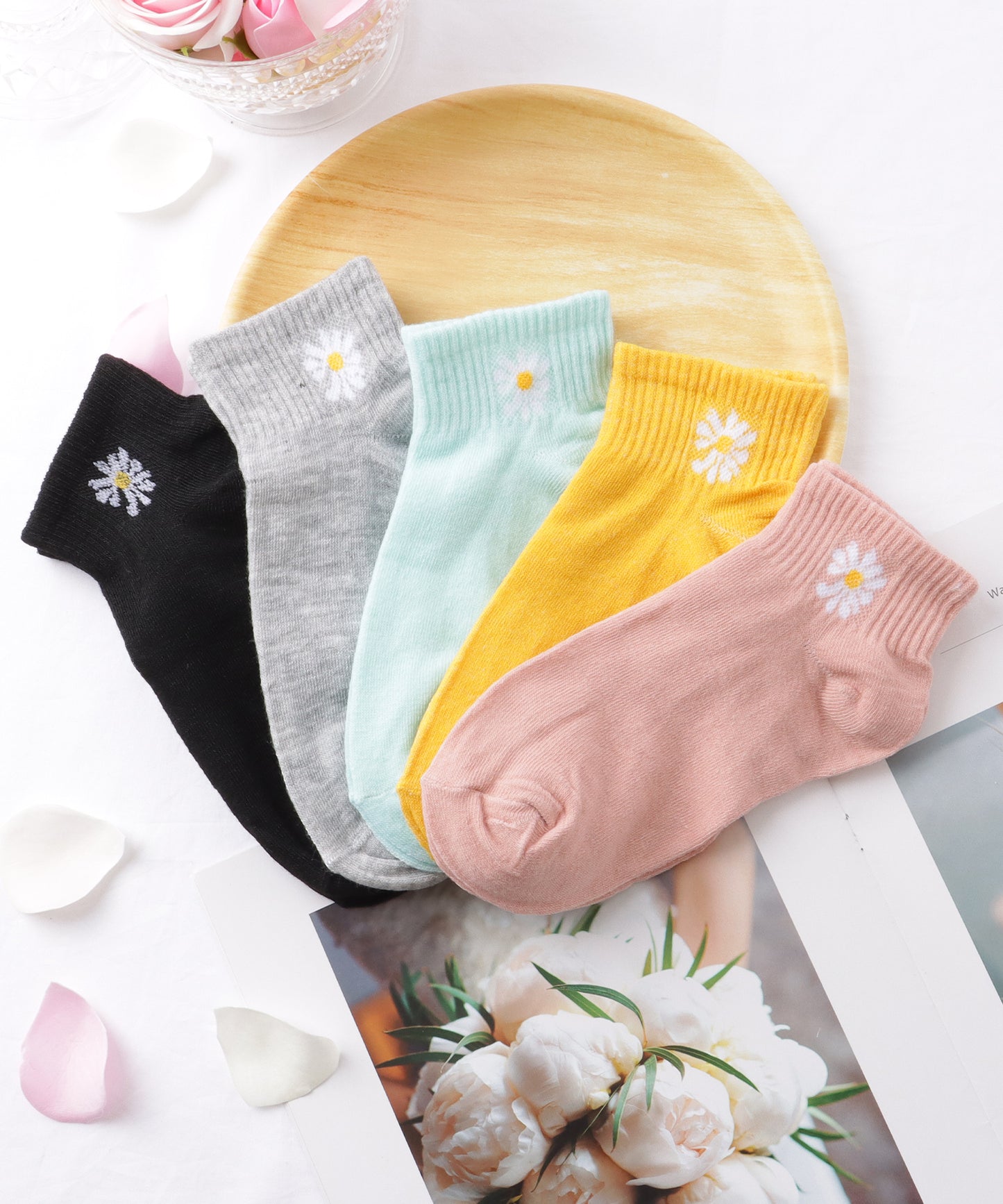 【10足セット】 ソリッドカラー 花柄 ショート リブ ソックス