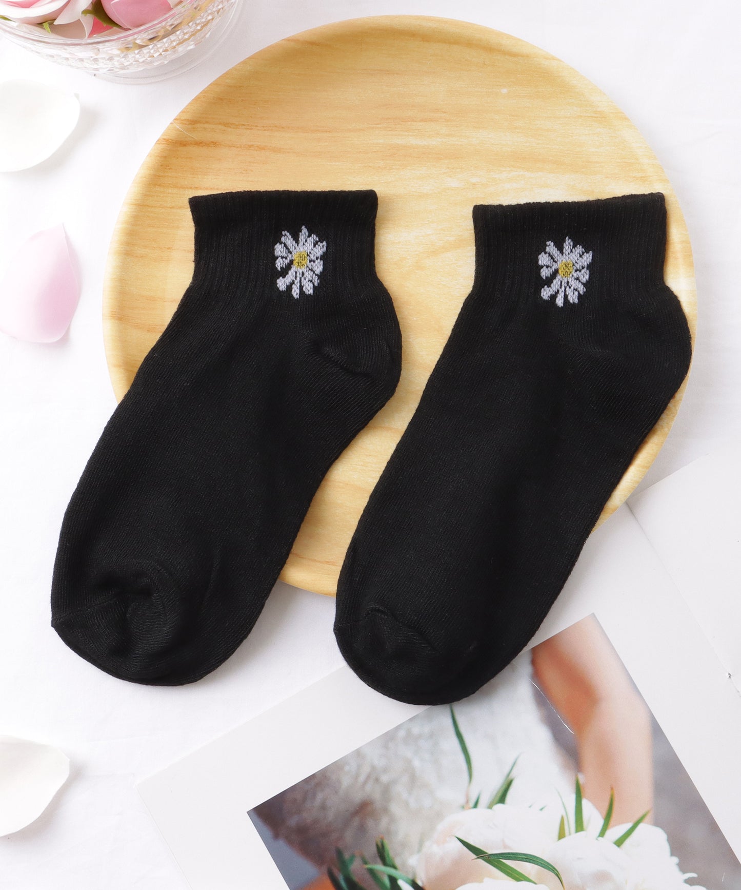 【10足セット】 ソリッドカラー 花柄 ショート リブ ソックス