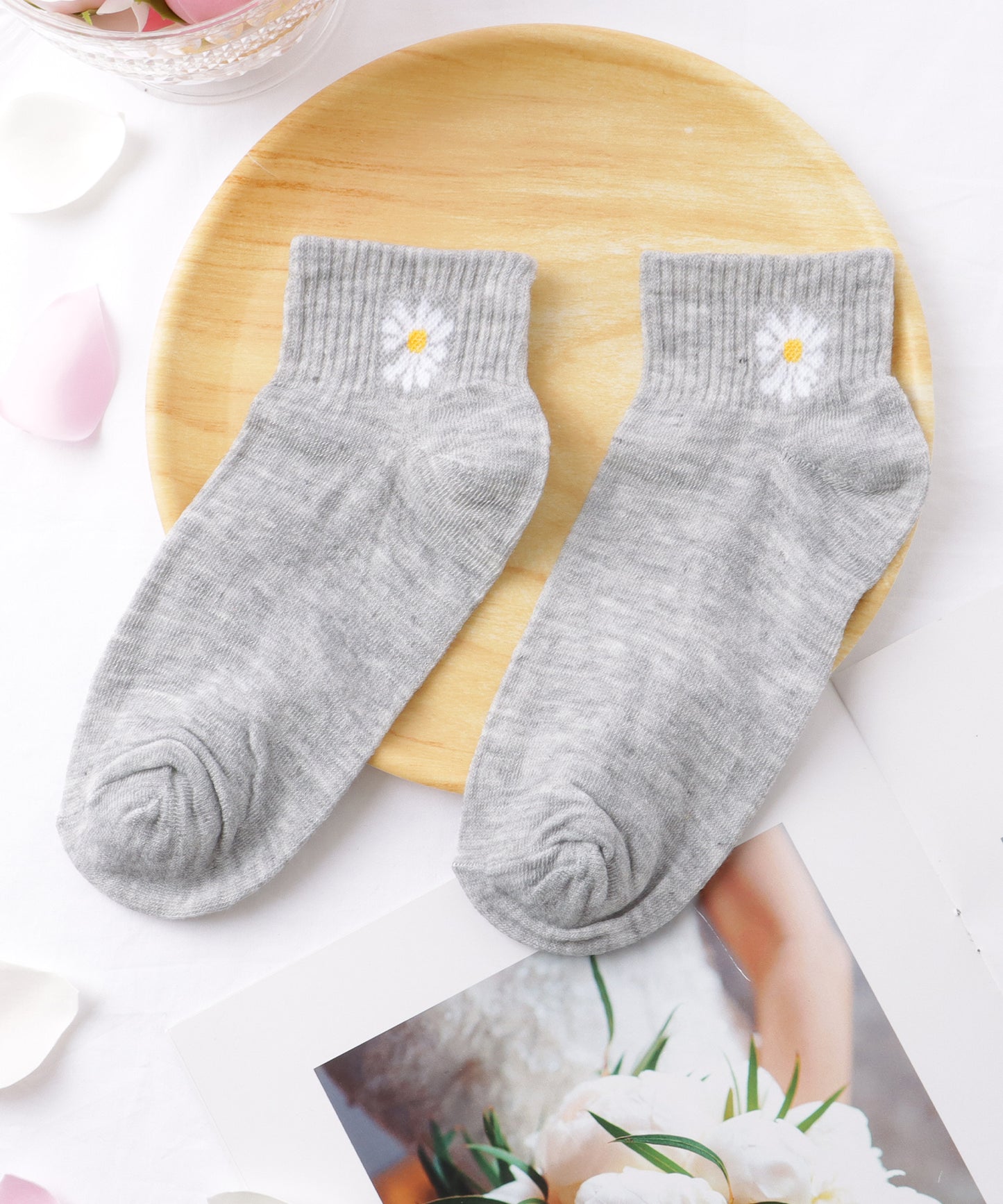 【10足セット】 ソリッドカラー 花柄 ショート リブ ソックス