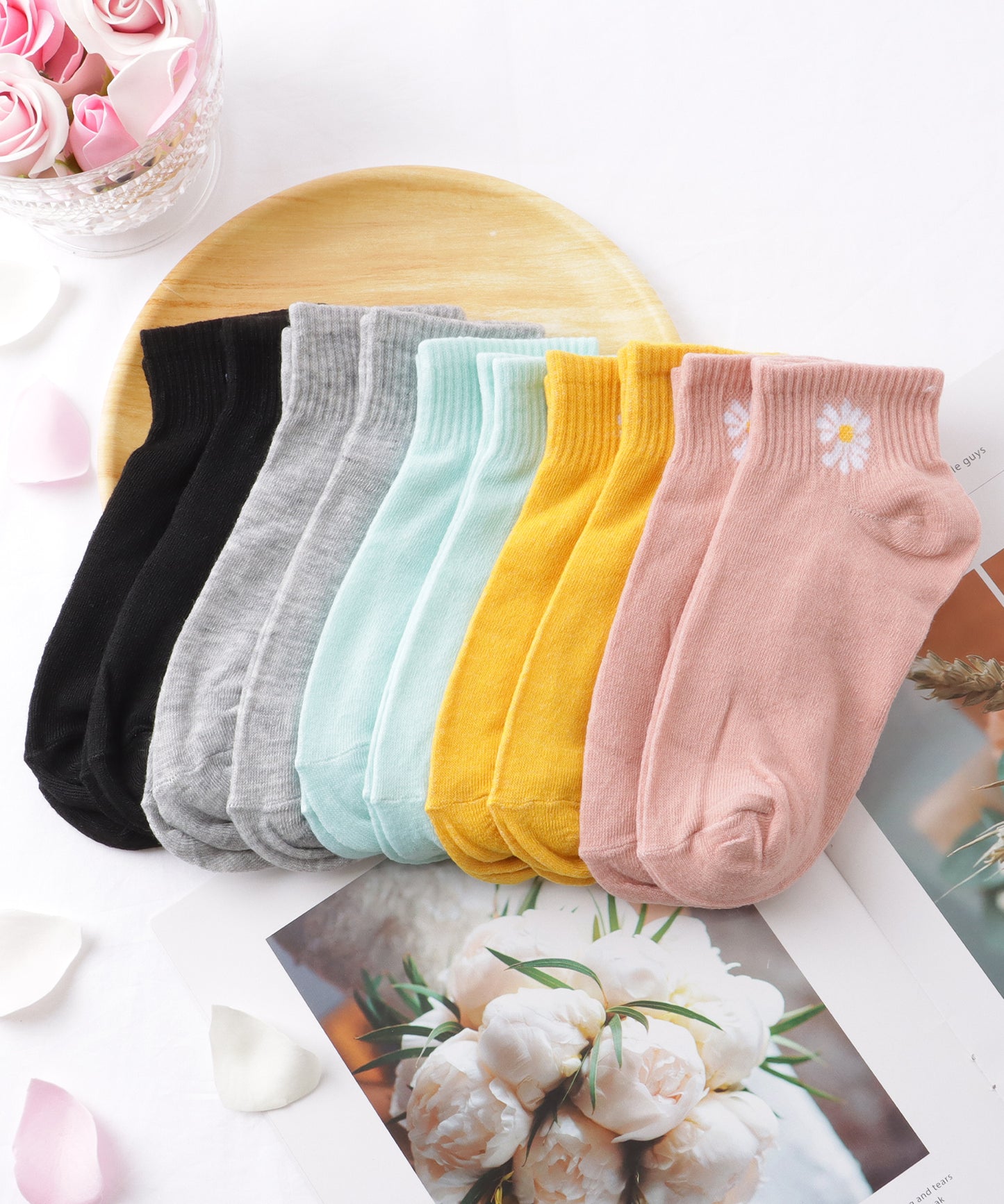 【10足セット】 ソリッドカラー 花柄 ショート リブ ソックス