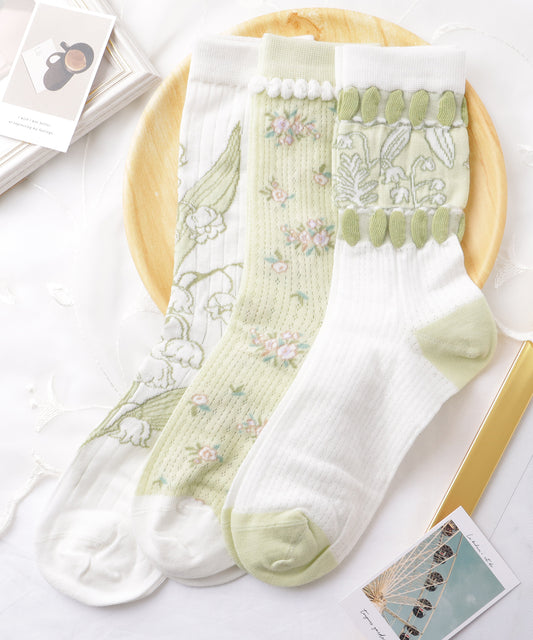 【3足セット】 ボタニカル柄 クルー丈 リブ ソックス