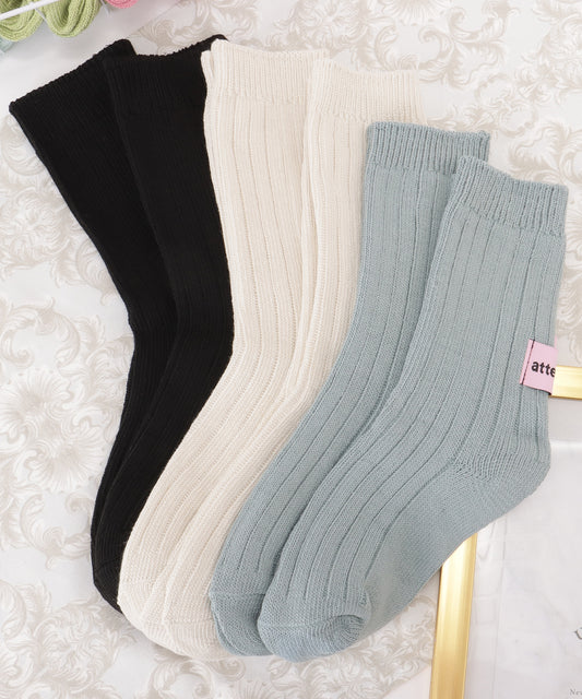 【6足セット】バック タグ付き ソリッドカラー リブ クルー ソックス