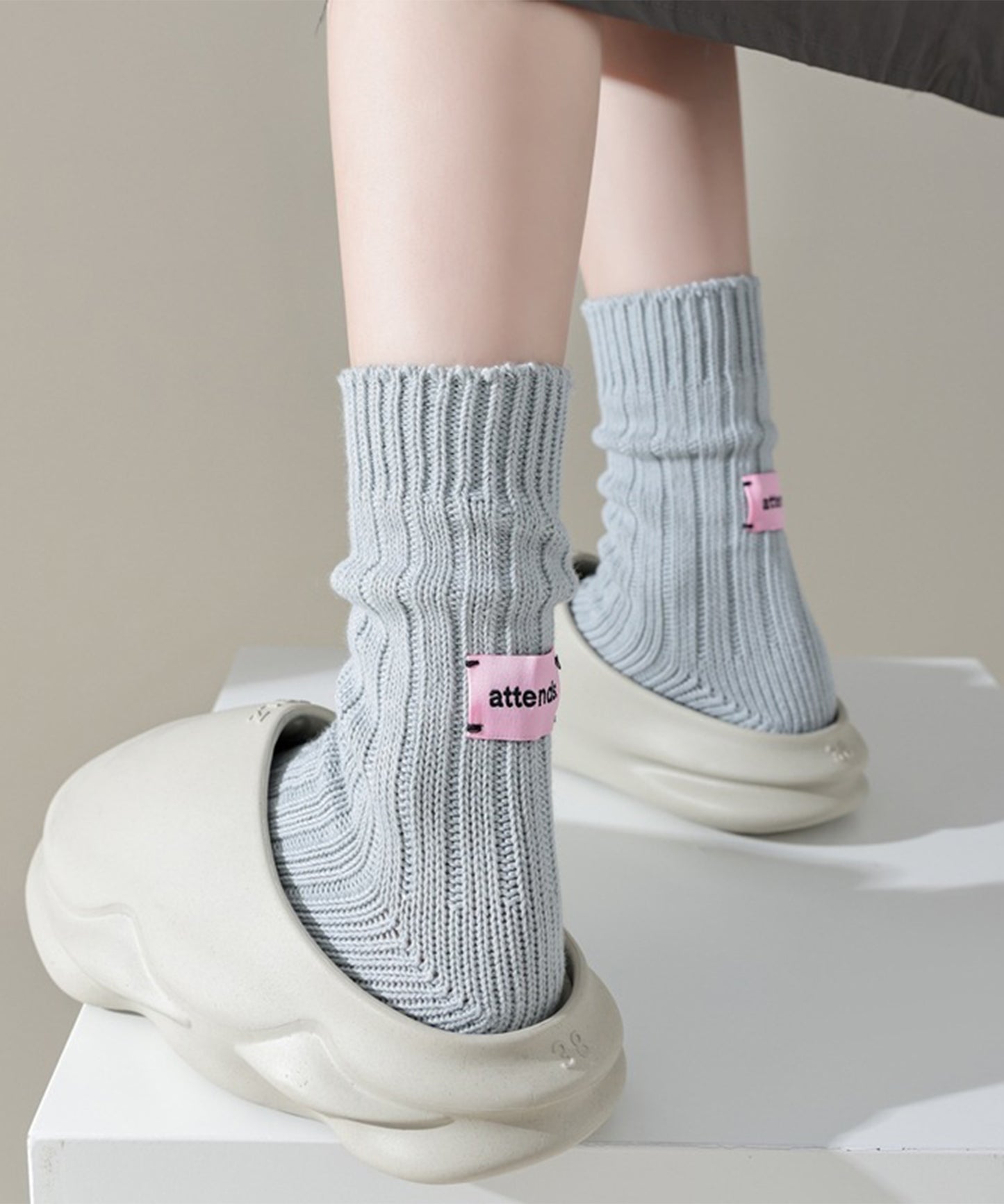 【6足セット】バック タグ付き ソリッドカラー リブ クルー ソックス