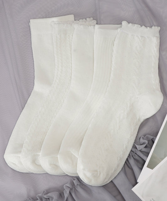 【5足セット】ソリッドカラー ロマンチック バラエティ クルー ソックス