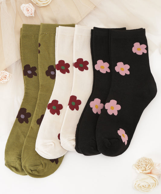【6足セット】レトロ フラワー柄 クルー ソックス