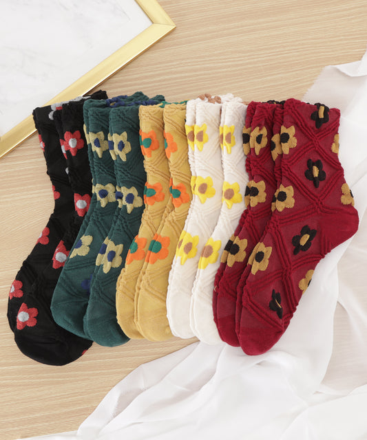 【10足セット】3D チェック柄 配色 フラワー クルー ソックス