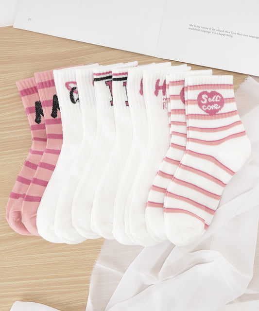【10足セット】配色 ピンク リブ クルー ソックス