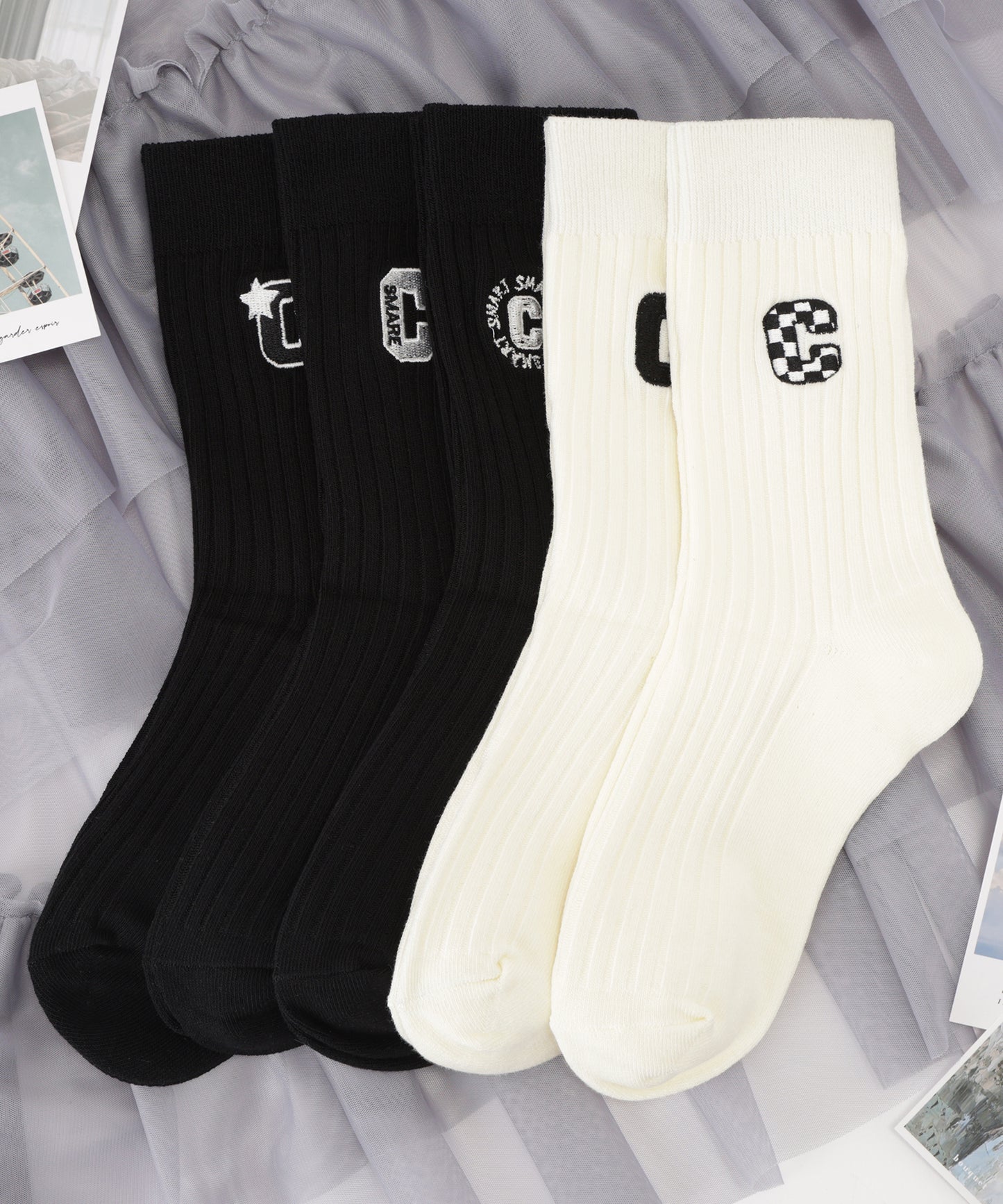 【5足セット】ワンポイント付き バラエティ リブ クルー ソックス