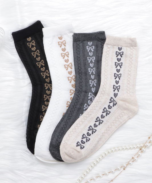 【4足組】 サイドリボン柄クルーソックスセット