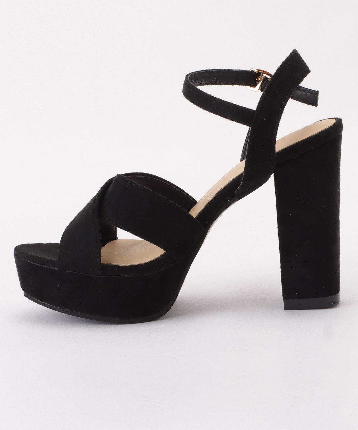 クロススエードチャンキーハイヒールサンダル