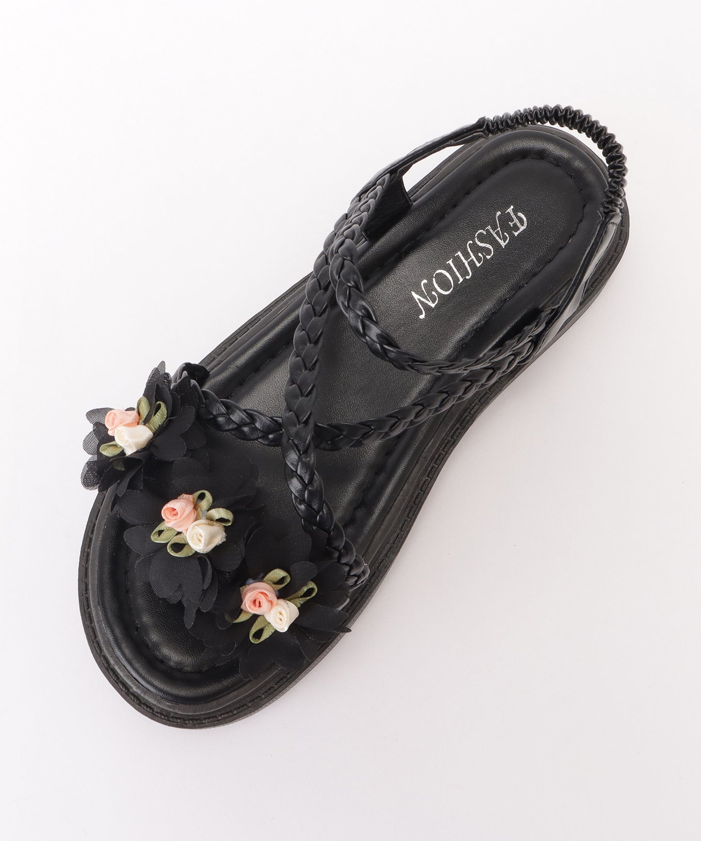 花モチーフ付き編みストラップサンダル