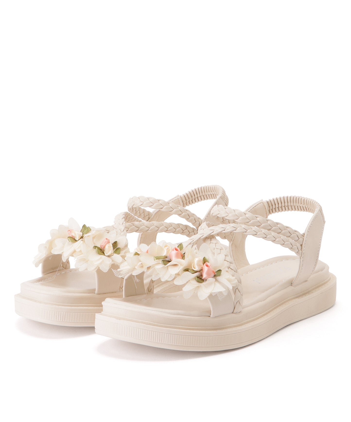 花モチーフ付き編みストラップサンダル