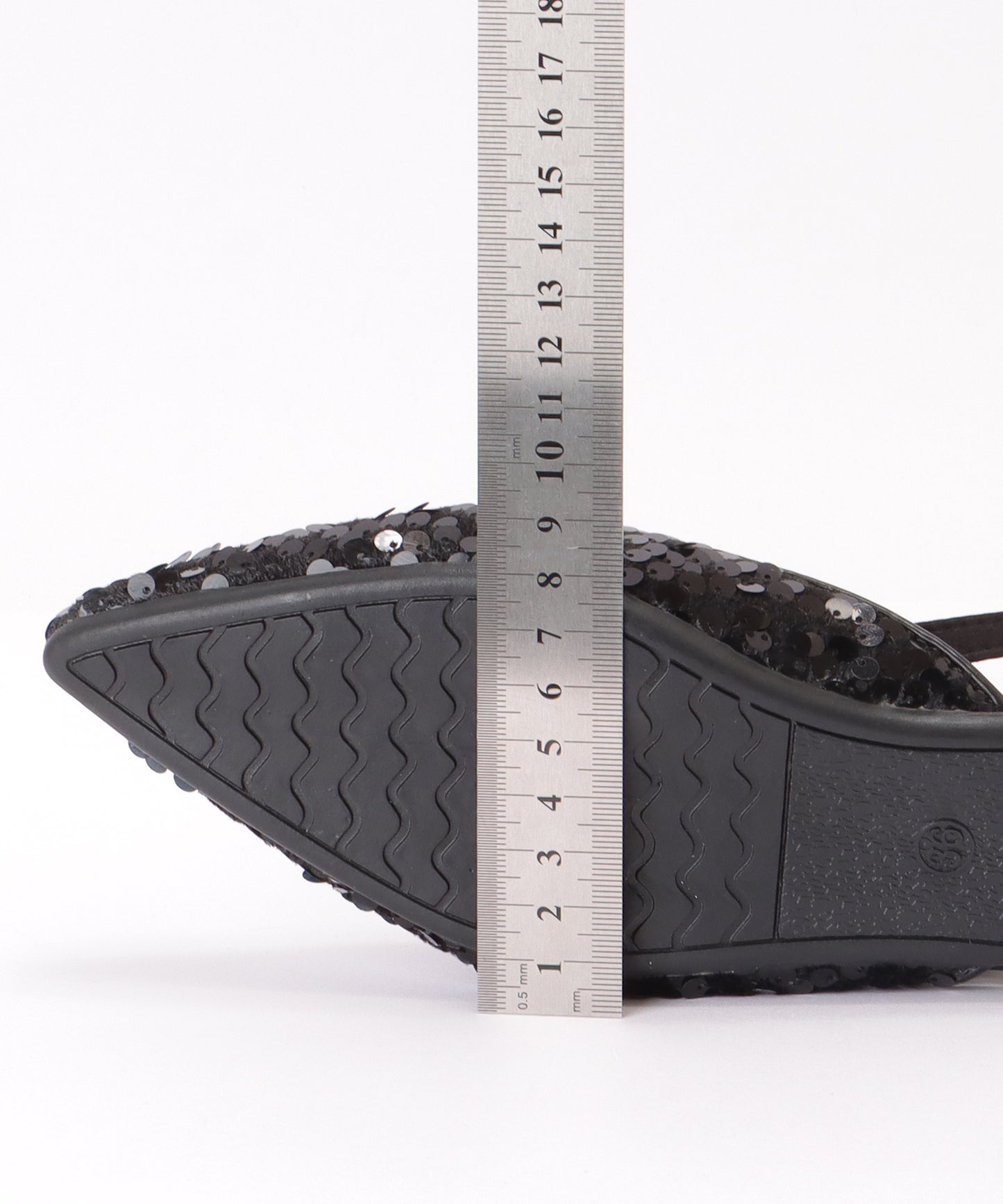 ポインテッド スパンコール バックストラップ ローヒール サンダル