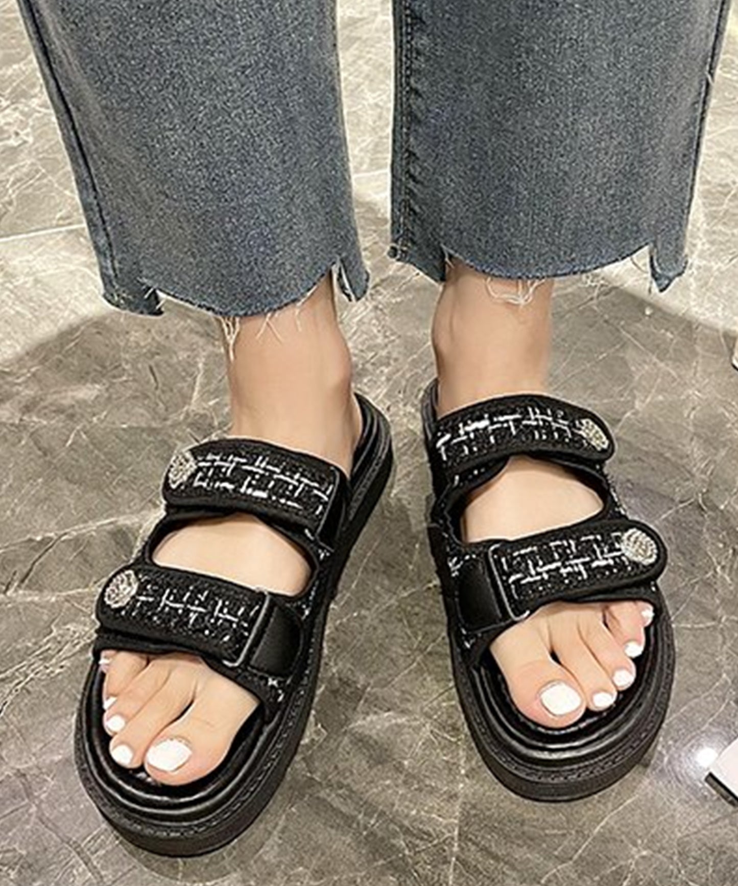ビジュー付き ミックスツイード コンフォート 厚底 サンダル