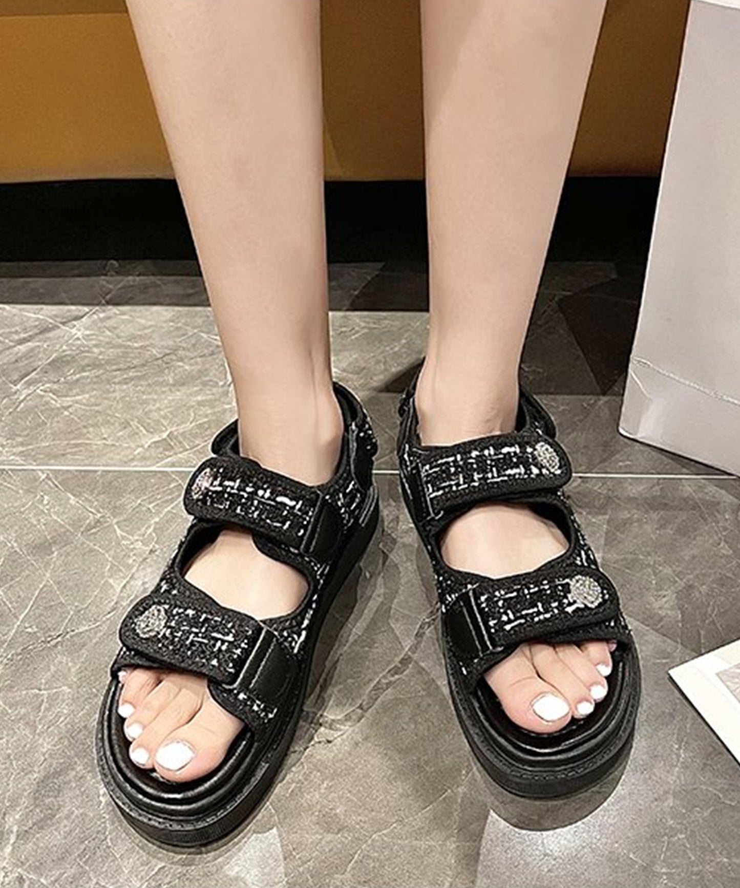 ビジュー付き ミックスツイード コンフォート 厚底 サンダル