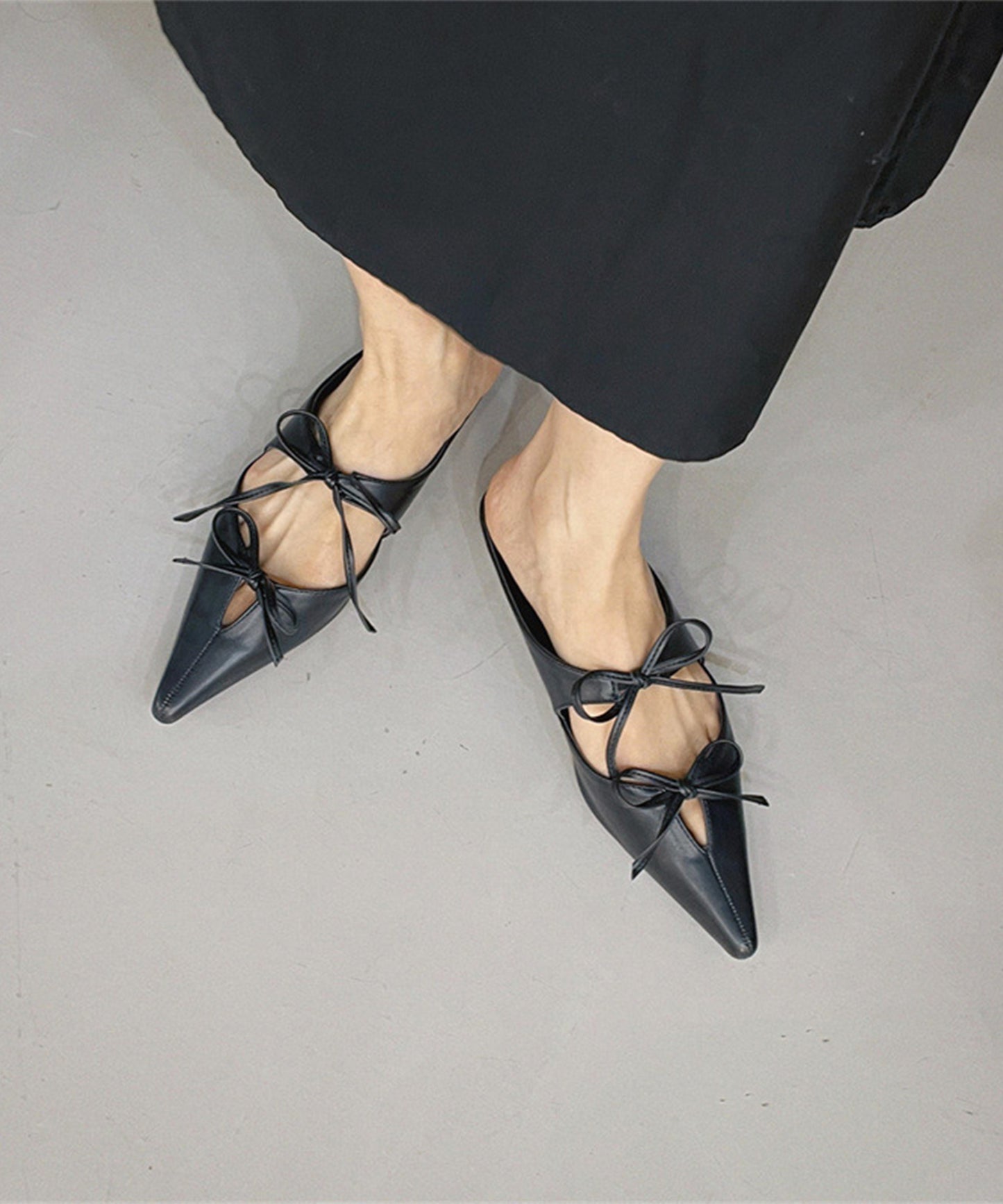 ポインテッド バックオープン ダブルリボン ミュール サンダル