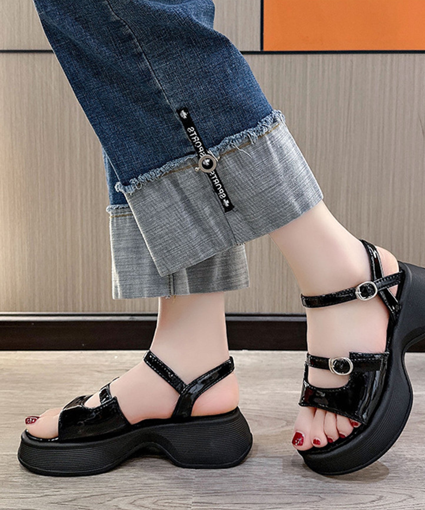 ソリッドカラー オープントゥ 厚底 ストラップ サンダル