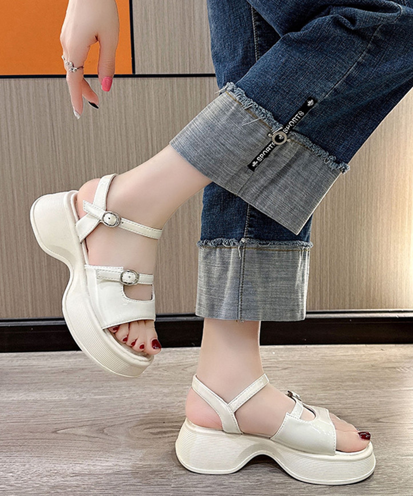 ソリッドカラー オープントゥ 厚底 ストラップ サンダル