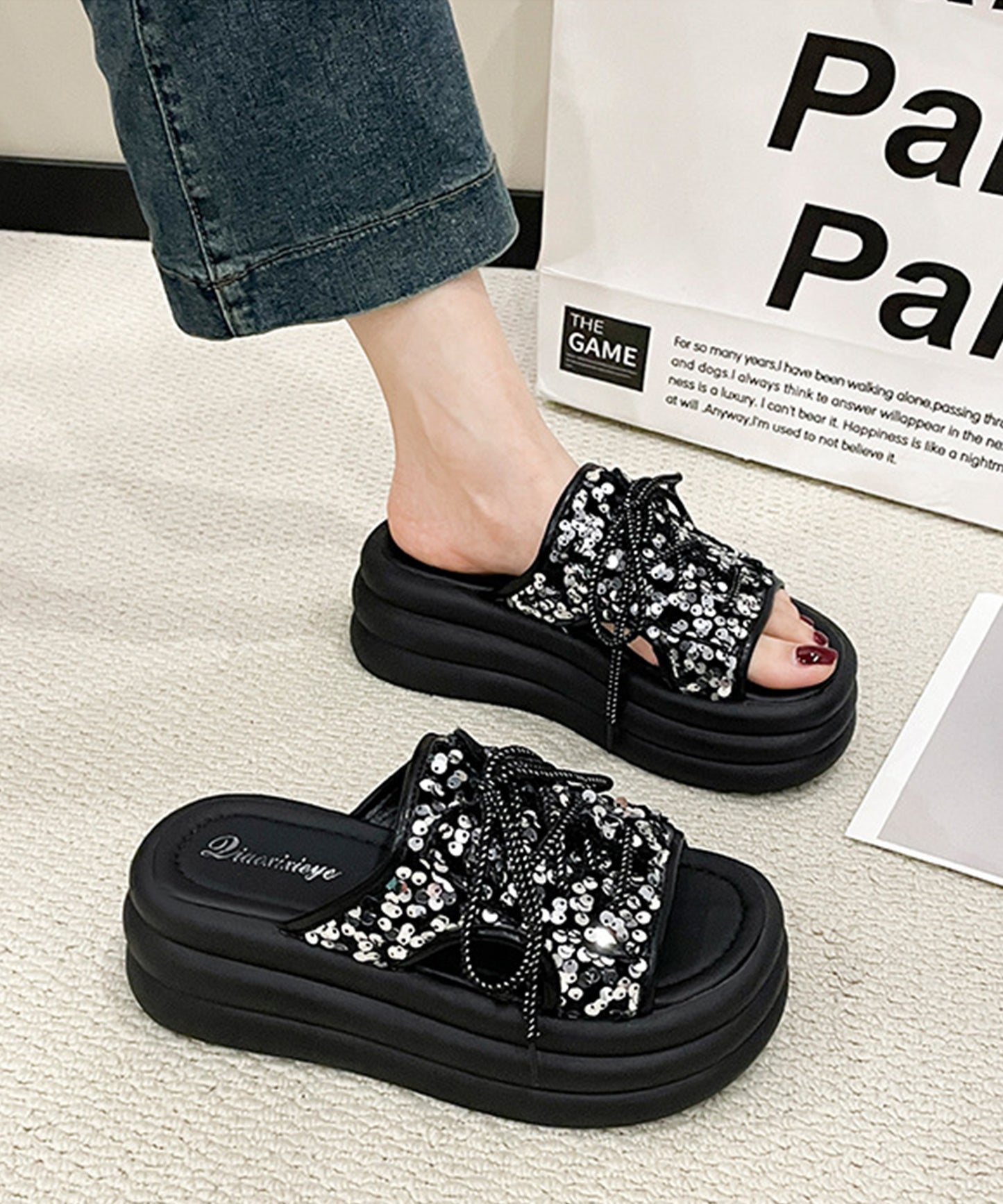 レースアップ スパンコール 厚底 コンフォート サンダル