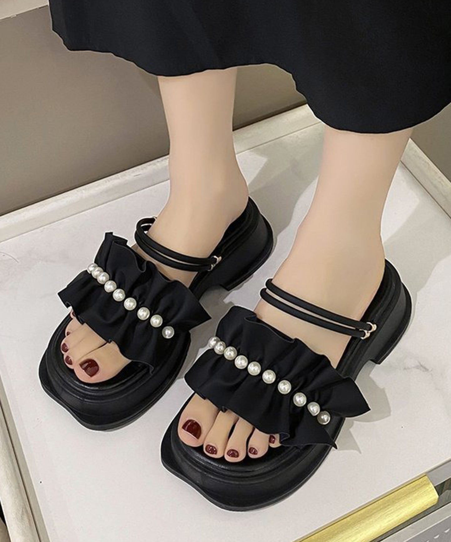 2WAY フリル パール アンクルストラップ 厚底 サンダル