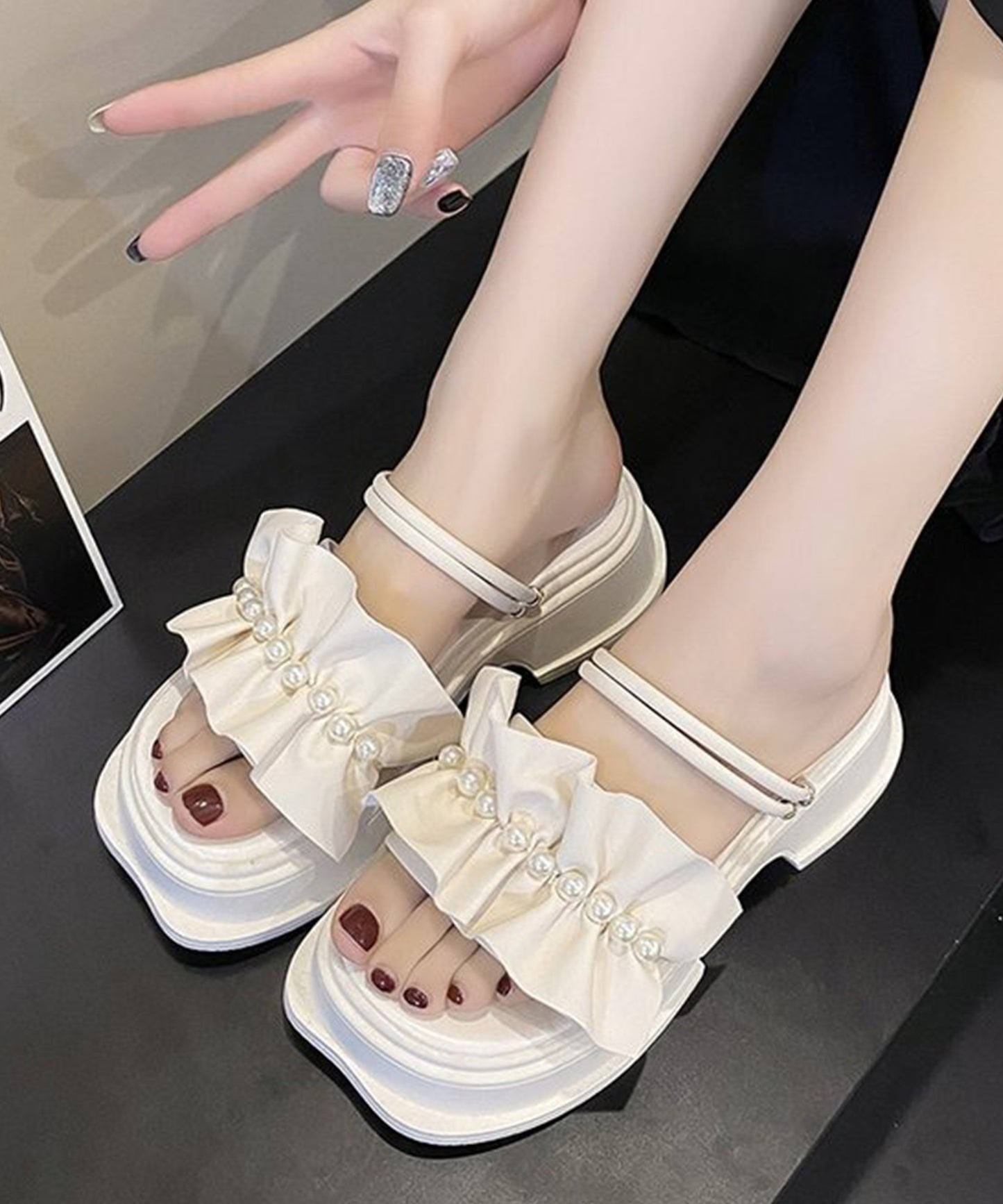 2WAY フリル パール アンクルストラップ 厚底 サンダル