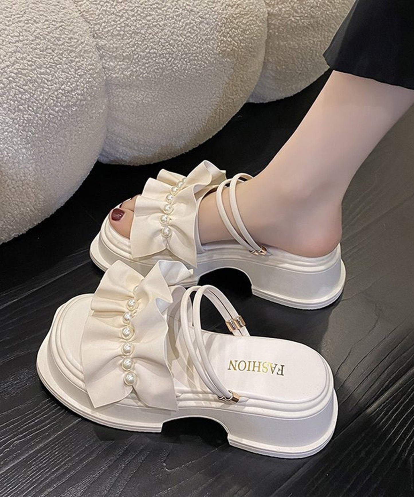 2WAY フリル パール アンクルストラップ 厚底 サンダル