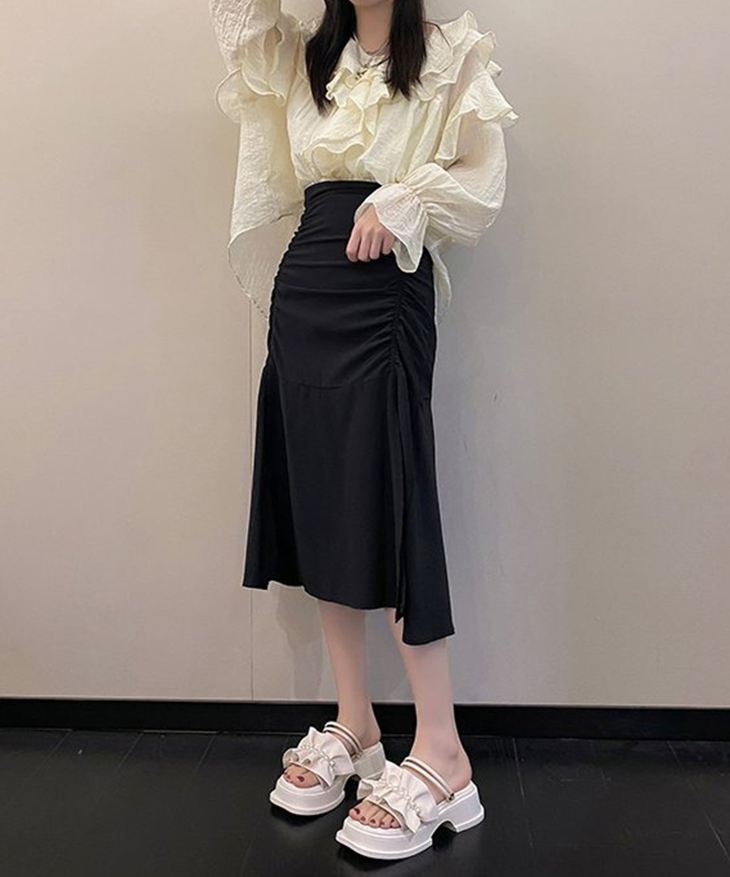 2WAY フリル パール アンクルストラップ 厚底 サンダル