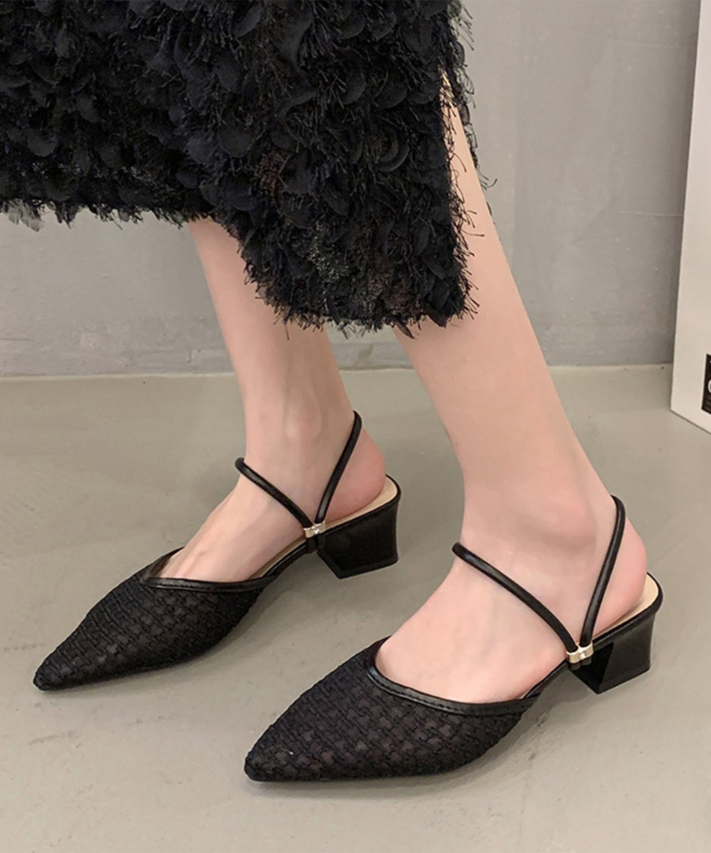 ツイード柄 シースルー ポインテッドトゥ ストラップ ミュール サンダル