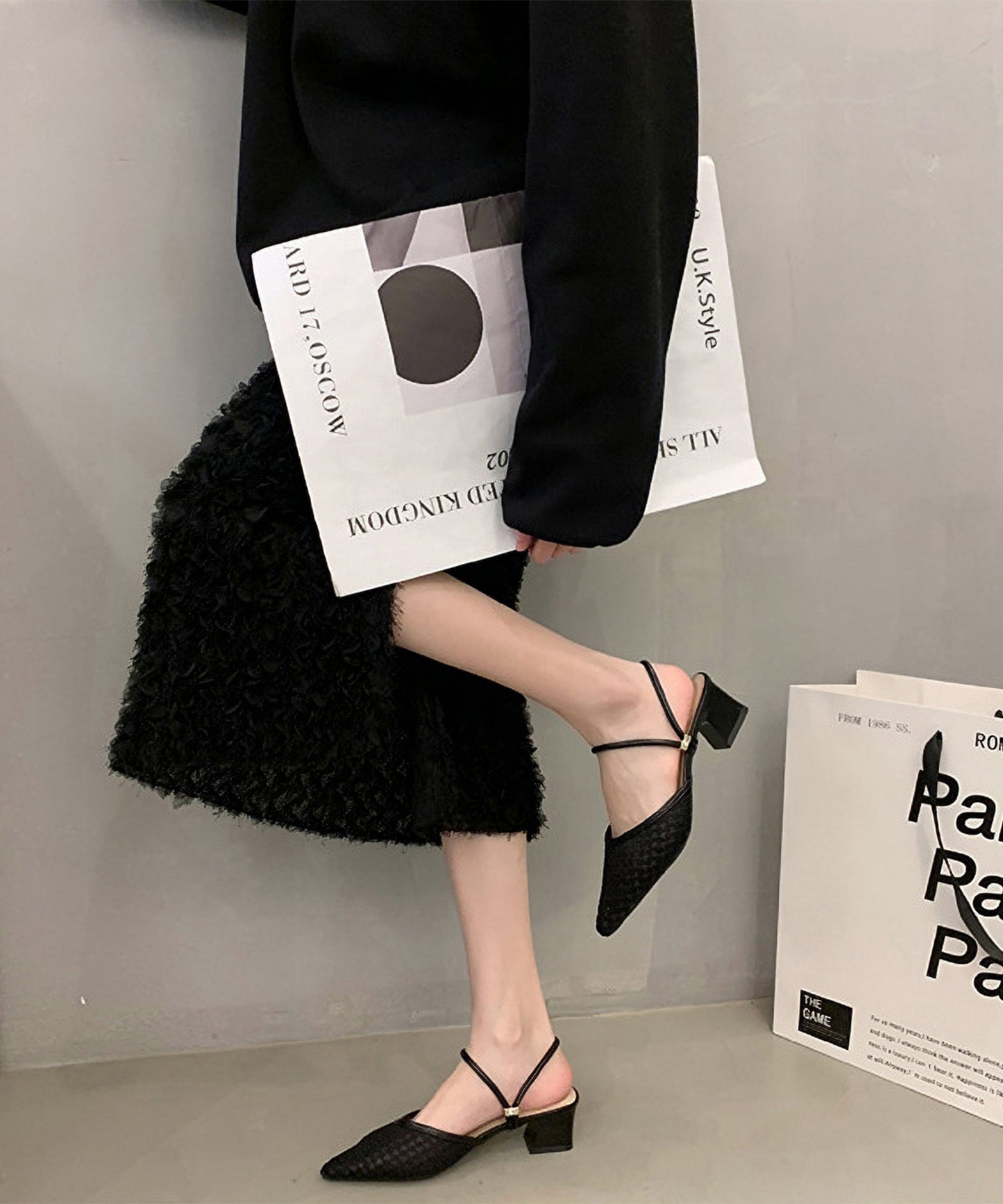 ツイード柄 シースルー ポインテッドトゥ ストラップ ミュール サンダル