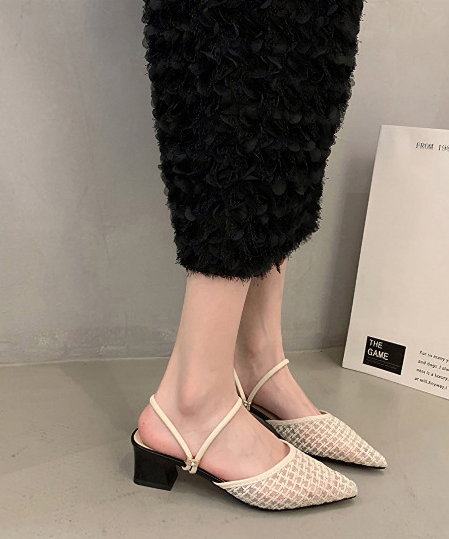 ツイード柄 シースルー ポインテッドトゥ ストラップ ミュール サンダル