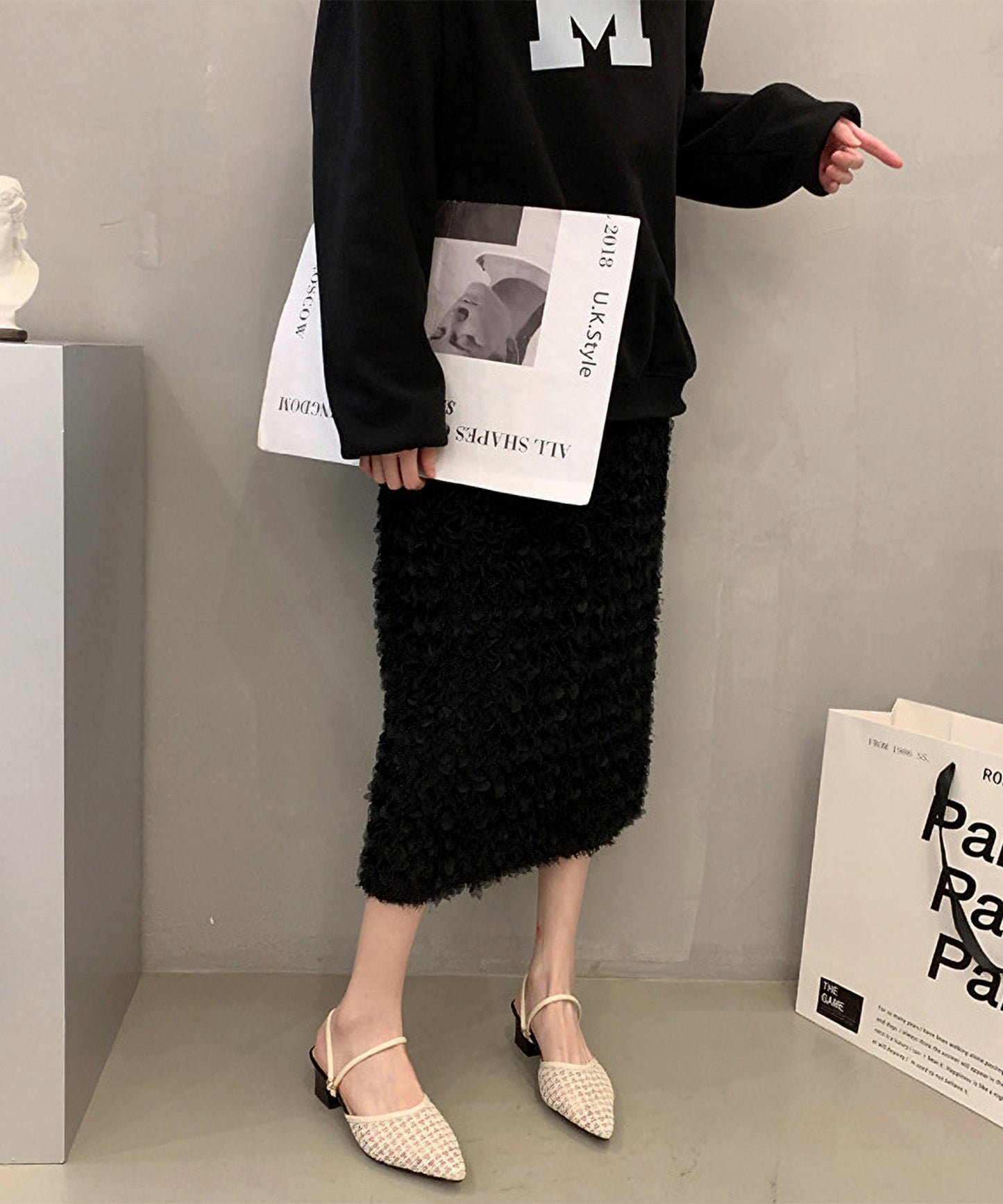 ツイード柄 シースルー ポインテッドトゥ ストラップ ミュール サンダル