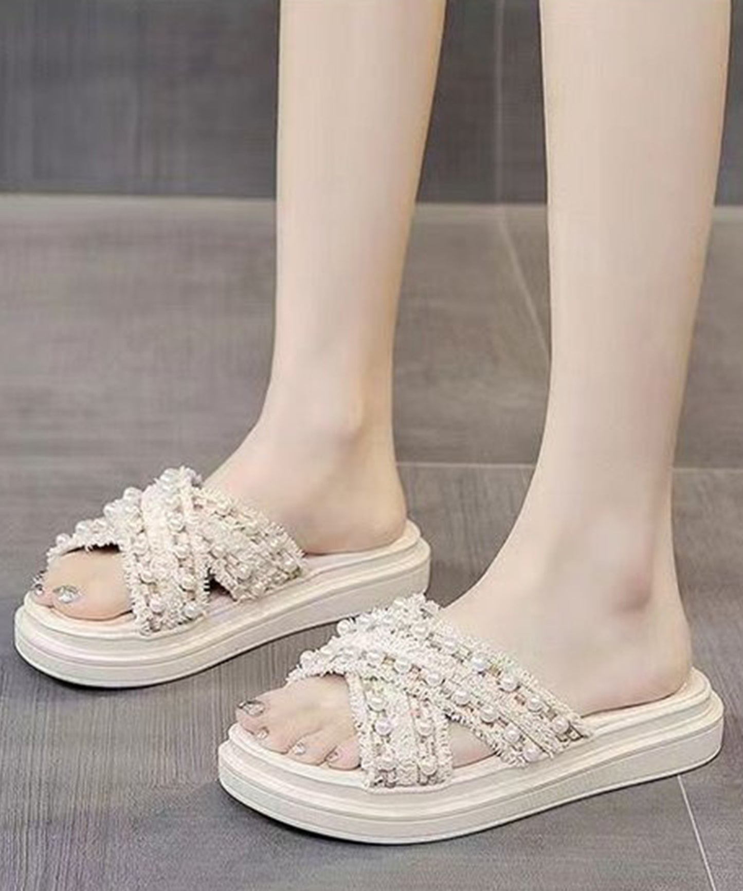 パール フリンジ クロスベルト 厚底 サンダル